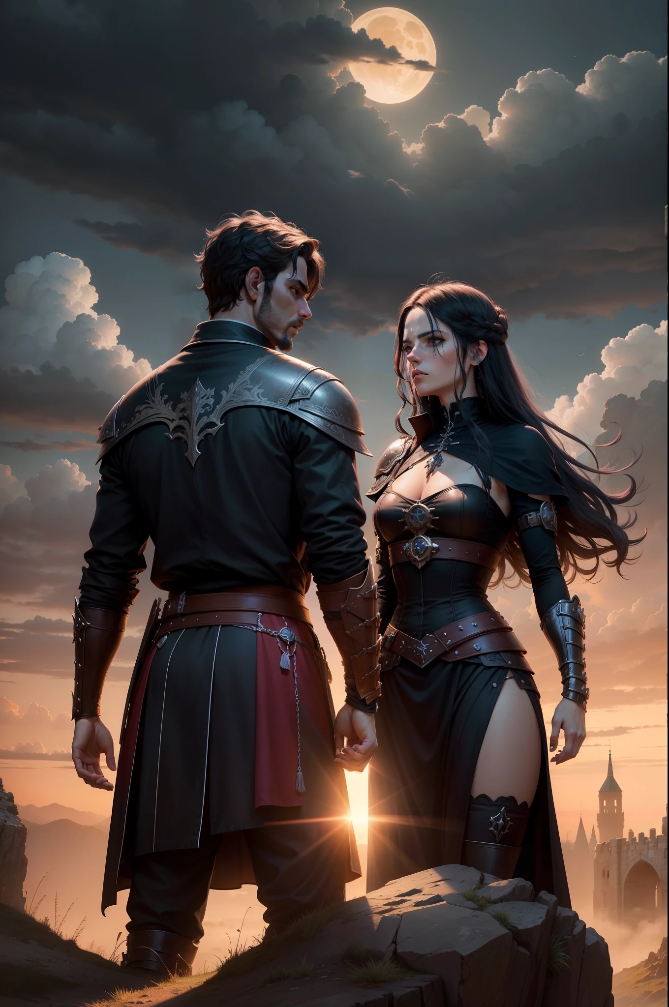 ( excellent quality ) masculine, alone, close up, vampire, in darkly lit courtyard, stern expression, crimson eyes, very long black hair (male), gray fur coat collar, black goatee, very pale skin, pointy ears, elf ears, ornate black plate armor, malignant aura, dominating stance, kingly aura, long coat under the plate armor, thin tabard over chest, blood red sky, makoto shinkai, artgerm and atey ghailan, demon slayer art, krenz cushart, makoto sinkai, casimir art, range murata