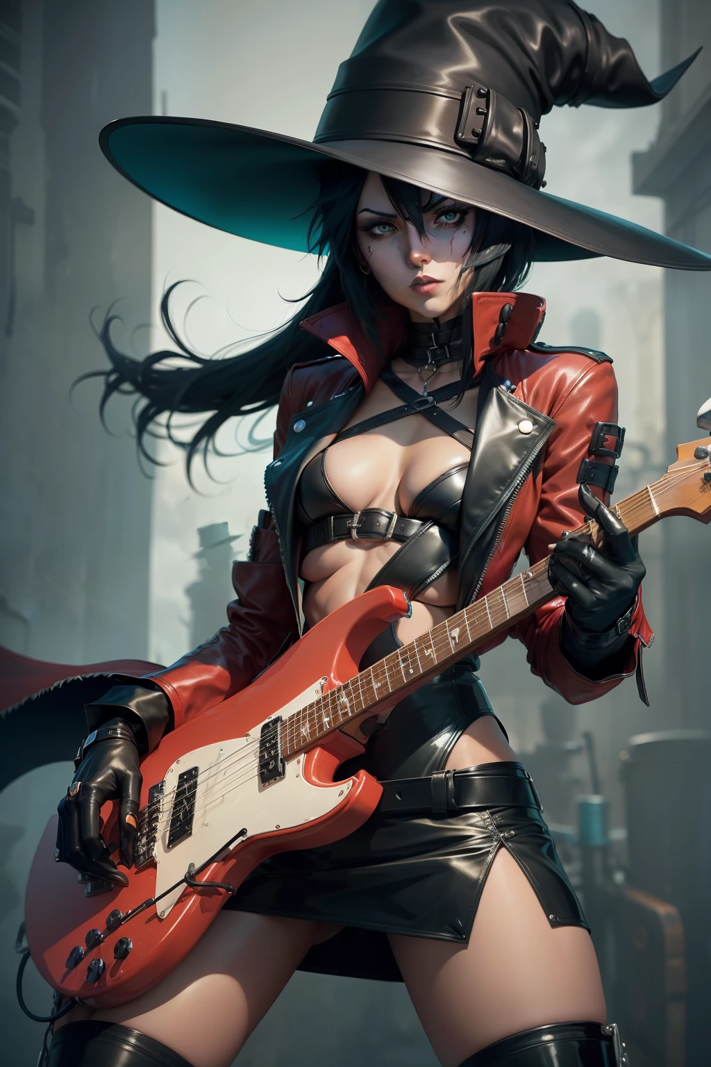 (I-No:1.4, Guilty Gear Strive:1.2) Badass witch rocking out on a vibrant teal bass guitar, dressed in a fierce combination of leather, latex, and a bold red leather jacket, complete with a stylish witch hat.