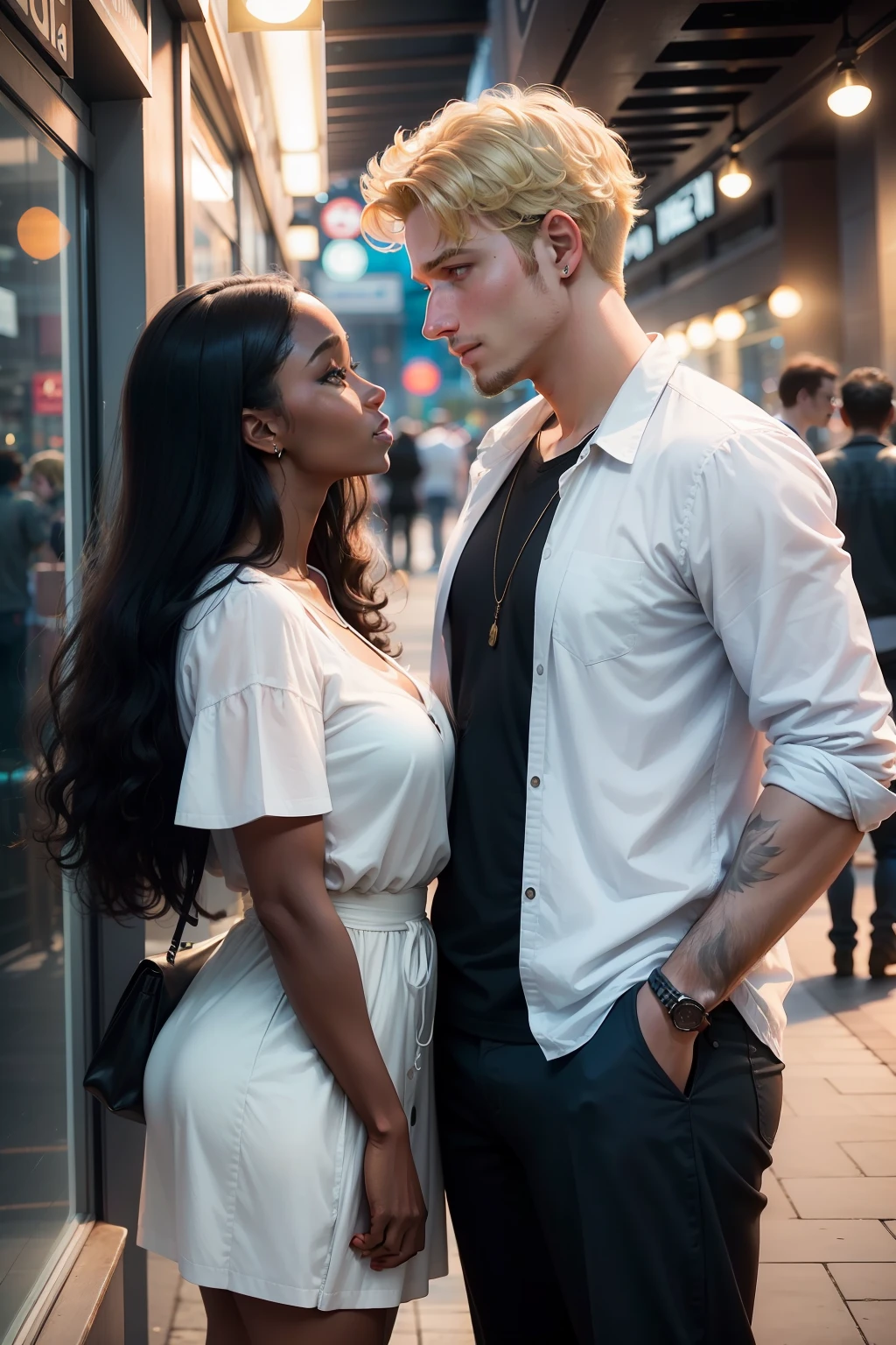 a couple standing face to face near an aquarium, sharing their love, perfect face for the both. The man has 33 years old, short blond hair, the woman has 27 years old, long curly black hair and brown skin, HD, 16 K
