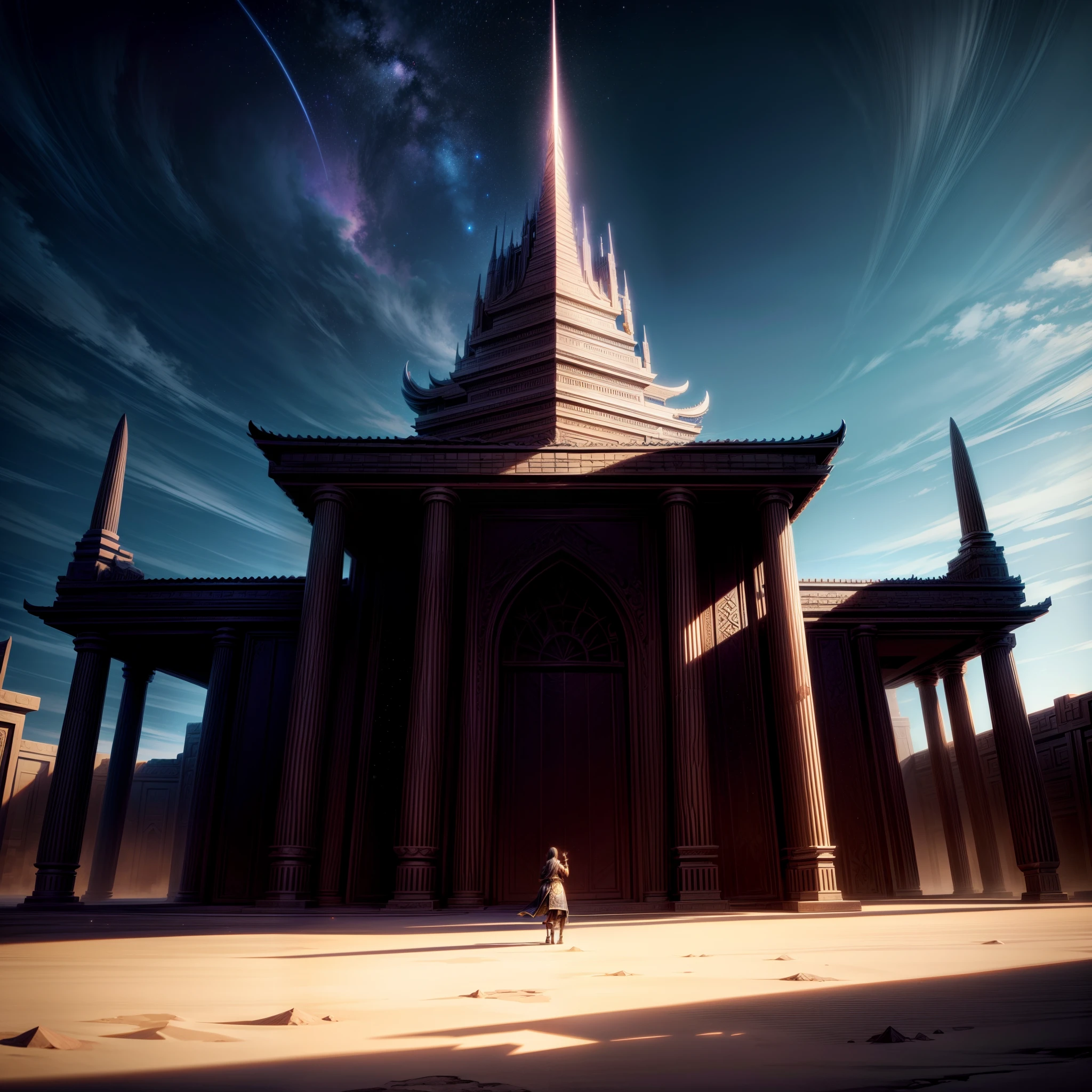 a gigantic mystical desert temple, building made void, walls made of glittering stars, vibrant sky and dark shadows, intricate detail, masterpiece, dark sky