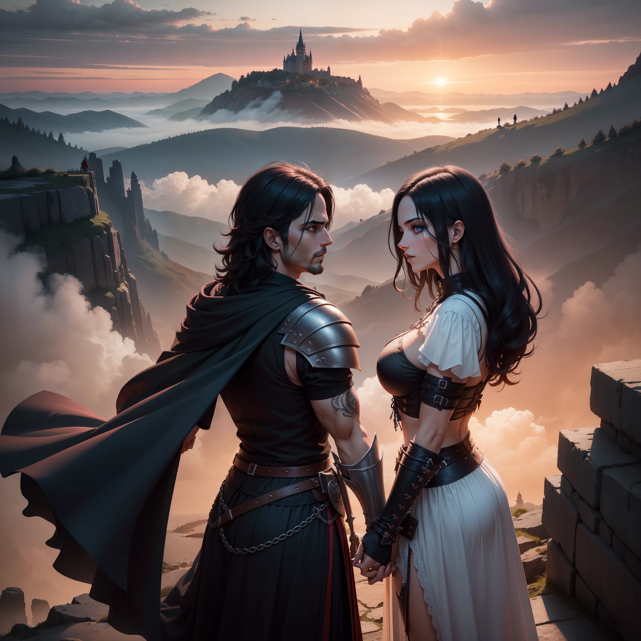 Dois personagens com espadas, guerreiros, entardecer, 8k, magnifica, poderosos, magia, mantos, sangue, duelo, cidade medieval, dramatic scene, Gothic armor colors, sky with clouds