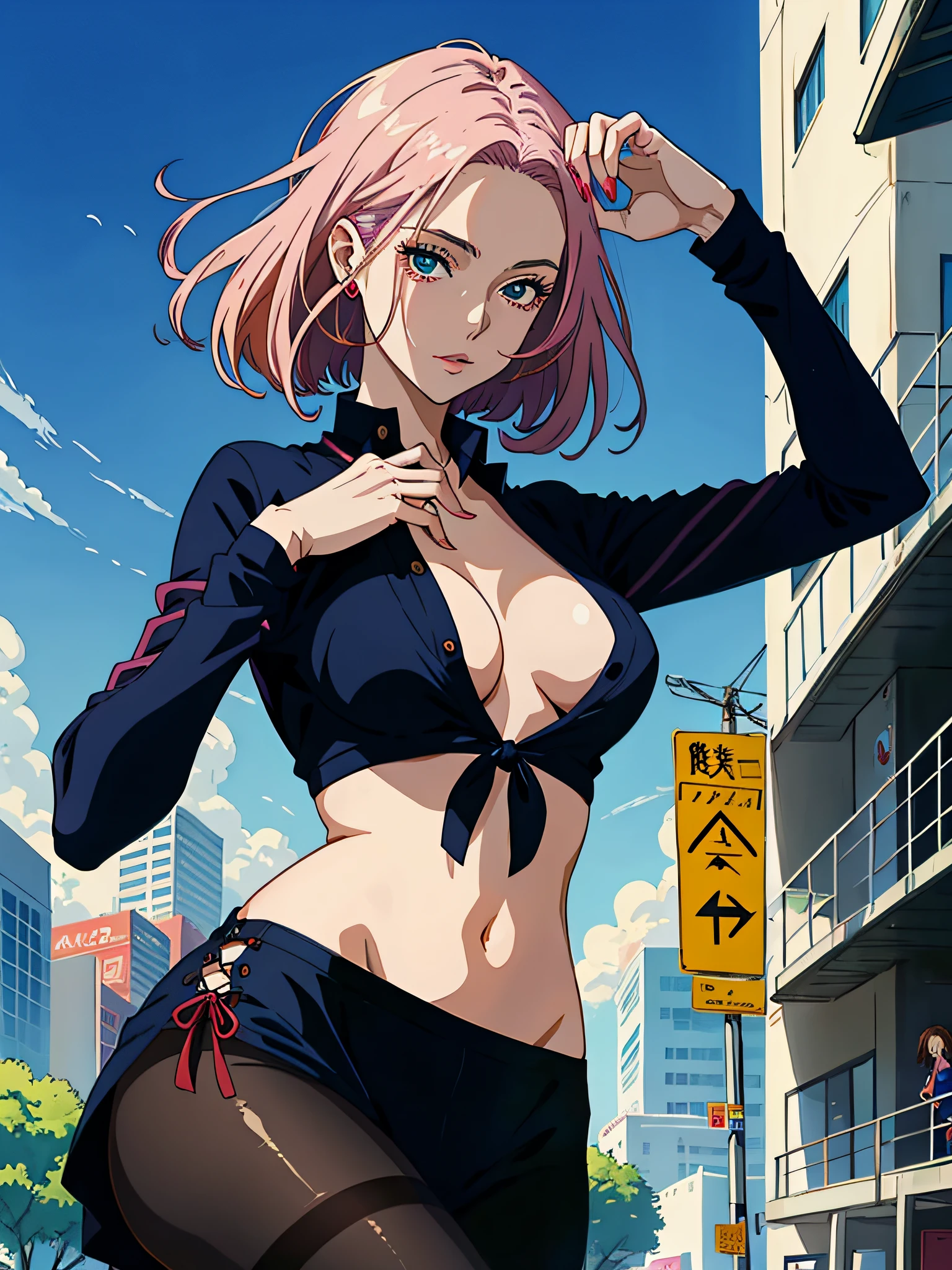 A woman in a Sutiã top and pantyhose, mulher sedutora, mulher atraente, mulher loira com cabelo longo, mulher bonita sedutora do anime, arte de anime limpa e detalhada, arte anime de alta qualidade, roupas ultra detalhadas, corpo com detalhes realistas, hands with realistic details.