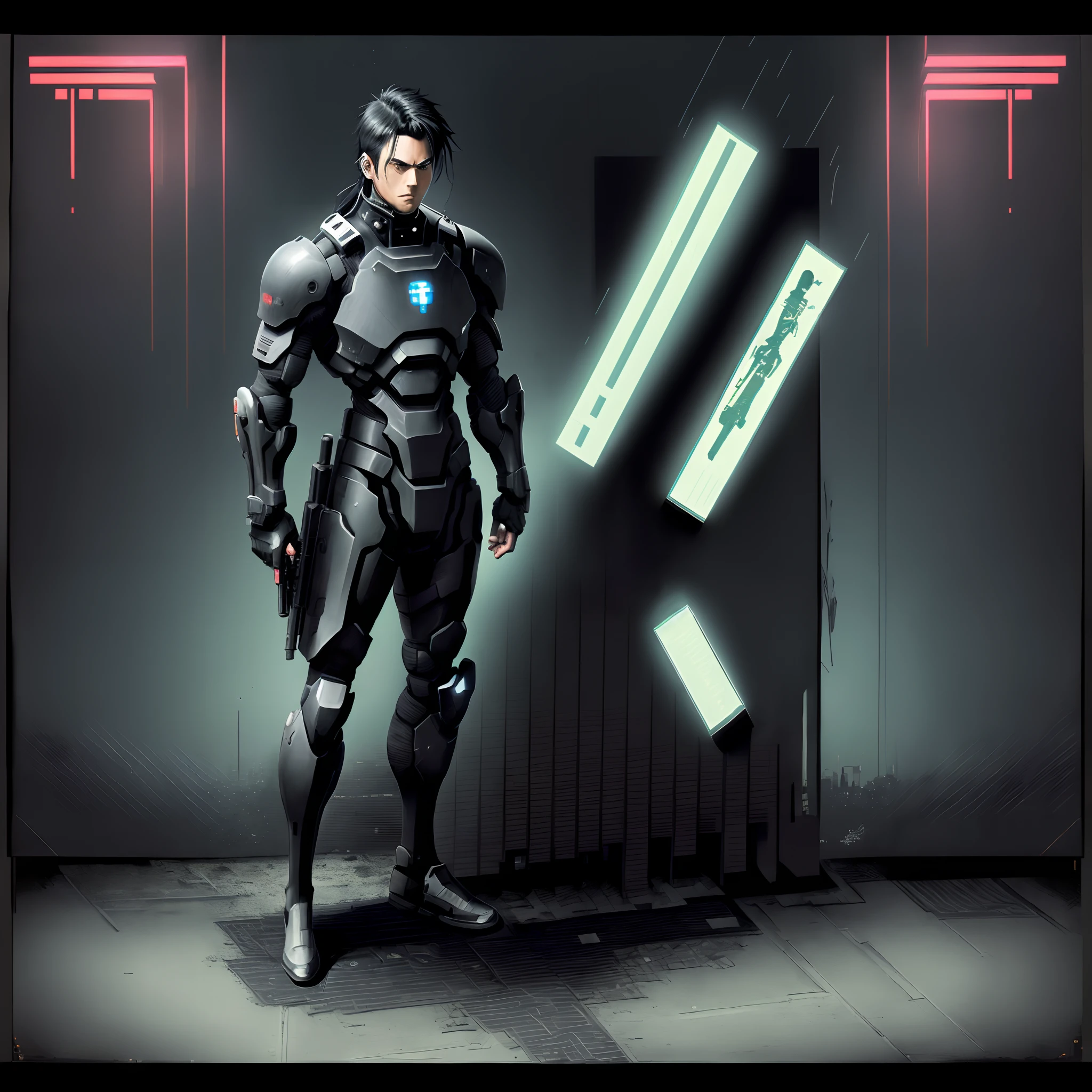 Cyberpunk background, Man in pitch black armor with black hair, Holding a gun with bandages around the perimeter, manga art、(Standing picture of the whole body:1.8)