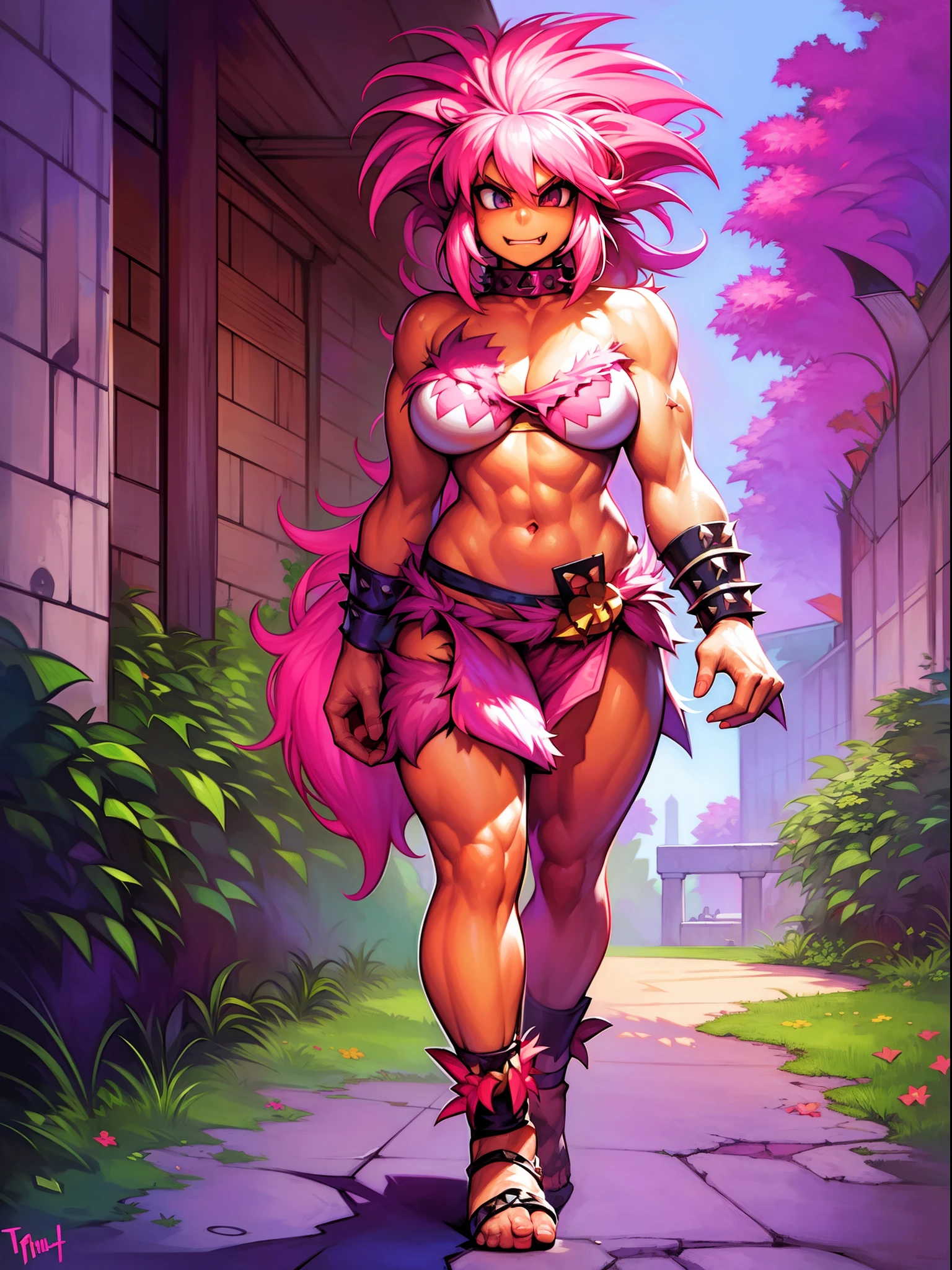 tombathemighty, 1girl, spiked hair, pink hair, fang, topless female, floral skirt, walking, big breast,chest bandage chest, full body, caveman cloths, caveman bra