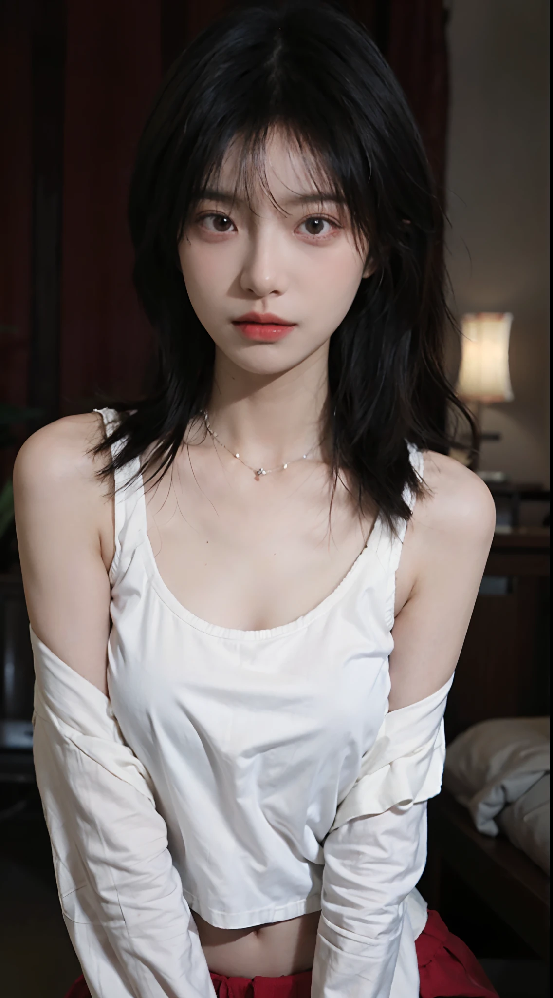 best qualtiy， 超高分辨率， （realisticlying：1.4），Baoyu Girl，1girll, with long coiled hair，Looking into the distance，nedium breasts，Cropped red sweater，a sense of atmosphere，Beautiful woman with a slim figure:1.4, Abs，Ultra-fine face，Elaborate Eyes，二重まぶた，choker necklace