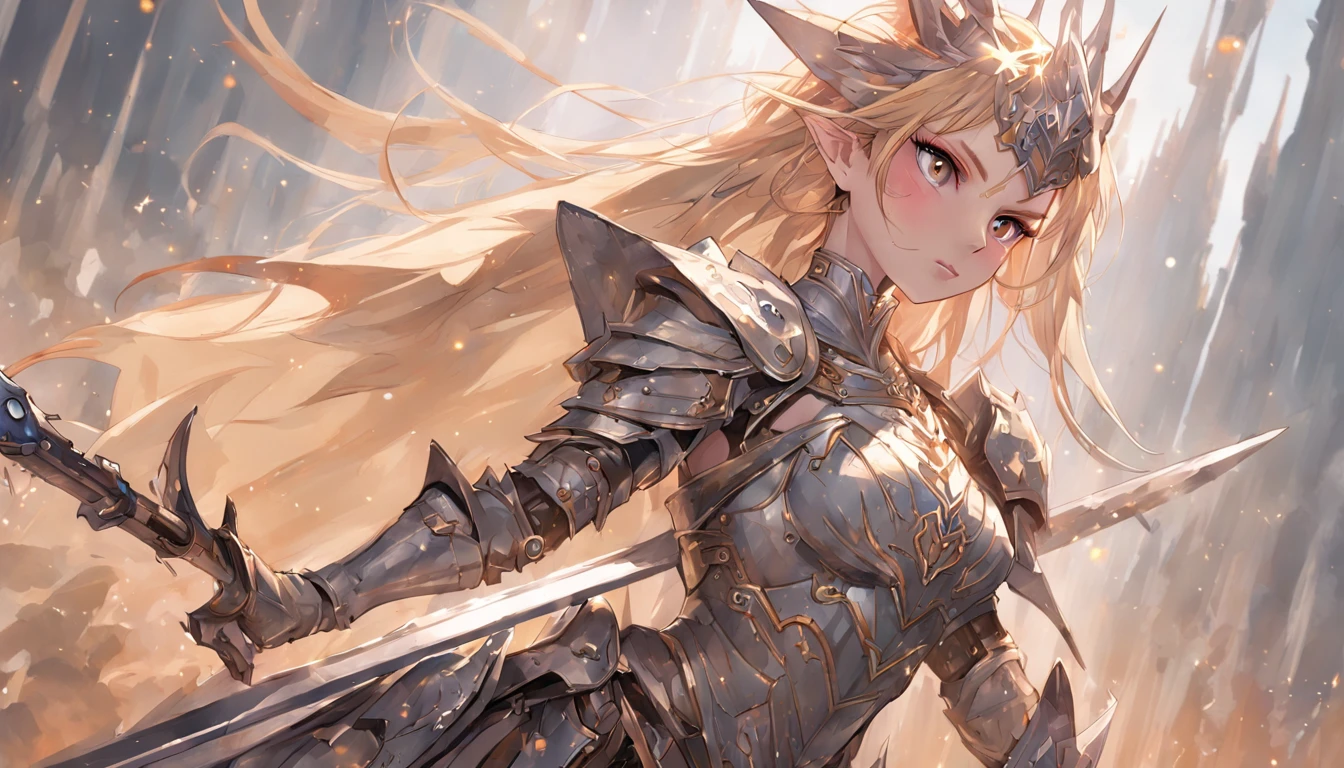 high details, best quality, 8k, [ultra detailed], masterpiece, best quality, (extremely detailed), full body, ultra wide shot, photorealistic, fantasy_world, fantasy art, dnd art, rpg art, realistic art, a wide angle, (((anatomically correct))) a wallpaler of an elf knight, elf warrior, princess knight, shinning knight, ready for battle with her mount (intense details, Masterpiece, best quality: 1.5), female elf (intense details, Masterpiece, best quality: 1.5), ultra detailed face, ultra feminine, fair skin, exquisite beauty, gold hair, long hair, wavy hair, small pointed ears, dynamic eyes color, wearing heavy elven armor, shinning metal, armed with elven sword fantasysword sword, standing near her mount, dynamic mount , green meadows, blue skies background and some clouds background depth of field (intricate details, Masterpiece, best quality: 1.5), full body (intricate details, Masterpiece, best quality: 1.5), high details, best quality, highres, ultra wide angle