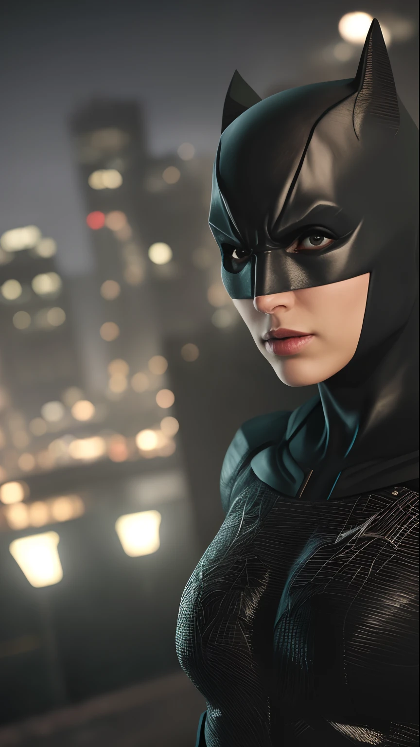 Batman looking at the gotham police station where Catwoman is being taken prisoner, highes definition, rosto detalhado, rosto detalhado, olhos detalhados, terno detalhado, estilo Marvel e DC, hiper-realista, + Cinematographic shot + dynamic compositing, incrivelmente detalhado, nitidez, detalhes + detalhes soberbos + noite com luz + perfeccionismo + realismo premiado ((soft-lighting))