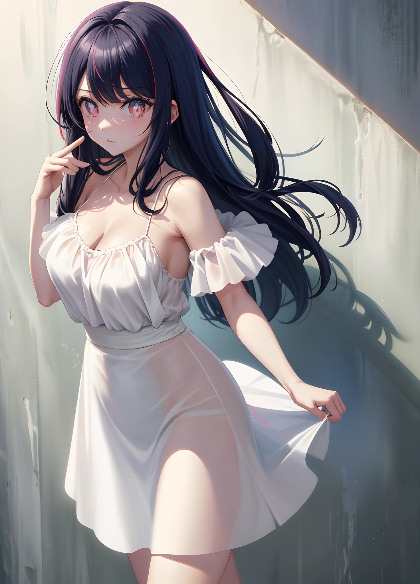 tmasterpiece, Best quality at best, 1girll, 独奏, Slip dress,against a wall, looking at viewert, armlets, thigh band, Paint on the body, tilt of the head, Nudy, O cabelo multicolorido, Water-colored eyes
