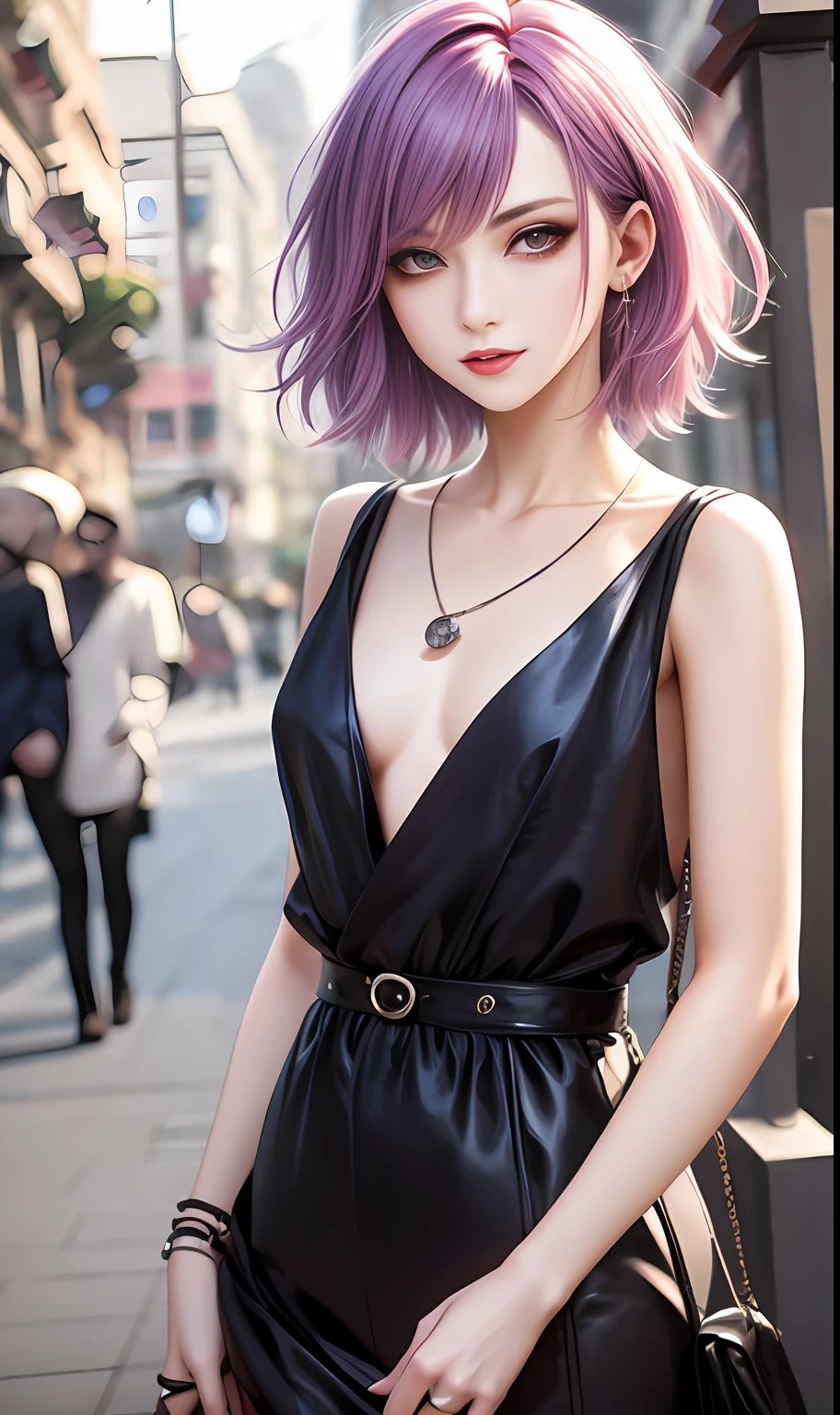masterpiece, top-quality, 2Others, Male and female couples, 1 man and 1,, Adults, Height difference, different color, finely eye and detailed face, intricate detailes, Casual clothing, window, A smile, Happiness, tenderness, husband and wife, high-level image quality、 selfee, Beautiful men and women、tall、The upper part of the body、nightfall、Hand in hand, nighttime scene、𝓡𝓸𝓶𝓪𝓷𝓽𝓲𝓬、Korea person, Idol Photos, k pop, Professional Photos, Vampires, Korean fashion in black and white, Fedoman with necklace, inspired by Sim Sa-jeong, androgynous vampire, :9 detailed face: 8, extra detailed face, detailed punk hair, ((eyes are brown)) baggy eyes, Seductive. Highly detailed, semi realistic anime, Vampires, hyperrealistic , delicate androgynous prince, imvu, short hair above the ears, Man with short hair, With a purple-haired man with a wild expression, Pink hair woman with gentle expression, ((With a short-haired man with bright purple hair)), ((Woman with pretty long pink hair))
