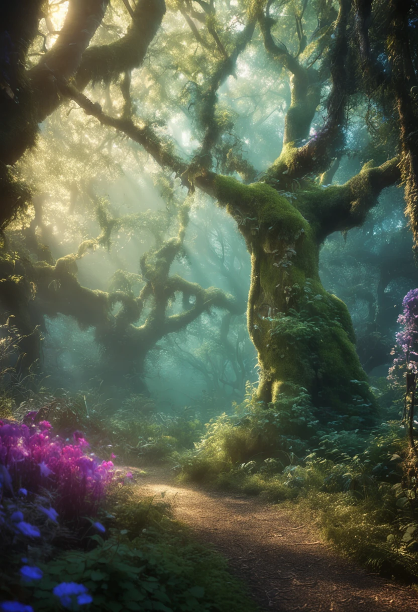 /imagine prompt: A whimsical forest teeming with mythical creatures, unicorn prancing alongside streams glittering with silvery fish, vast woodland carpeted with luminescent moss under a canopy of ancient, towering oaks, a serene yet otherworldly aura permeates every inch, misty air filled with the sweet scent of blooming nightshade and hints of a mysterious allure, dappled sunlight peeking through dense foliage, casting playful patterns on the ground below, with rays occasionally catching the wings of a flitting fairy --ar 3:2 --c 12 --s 420 --q 2.