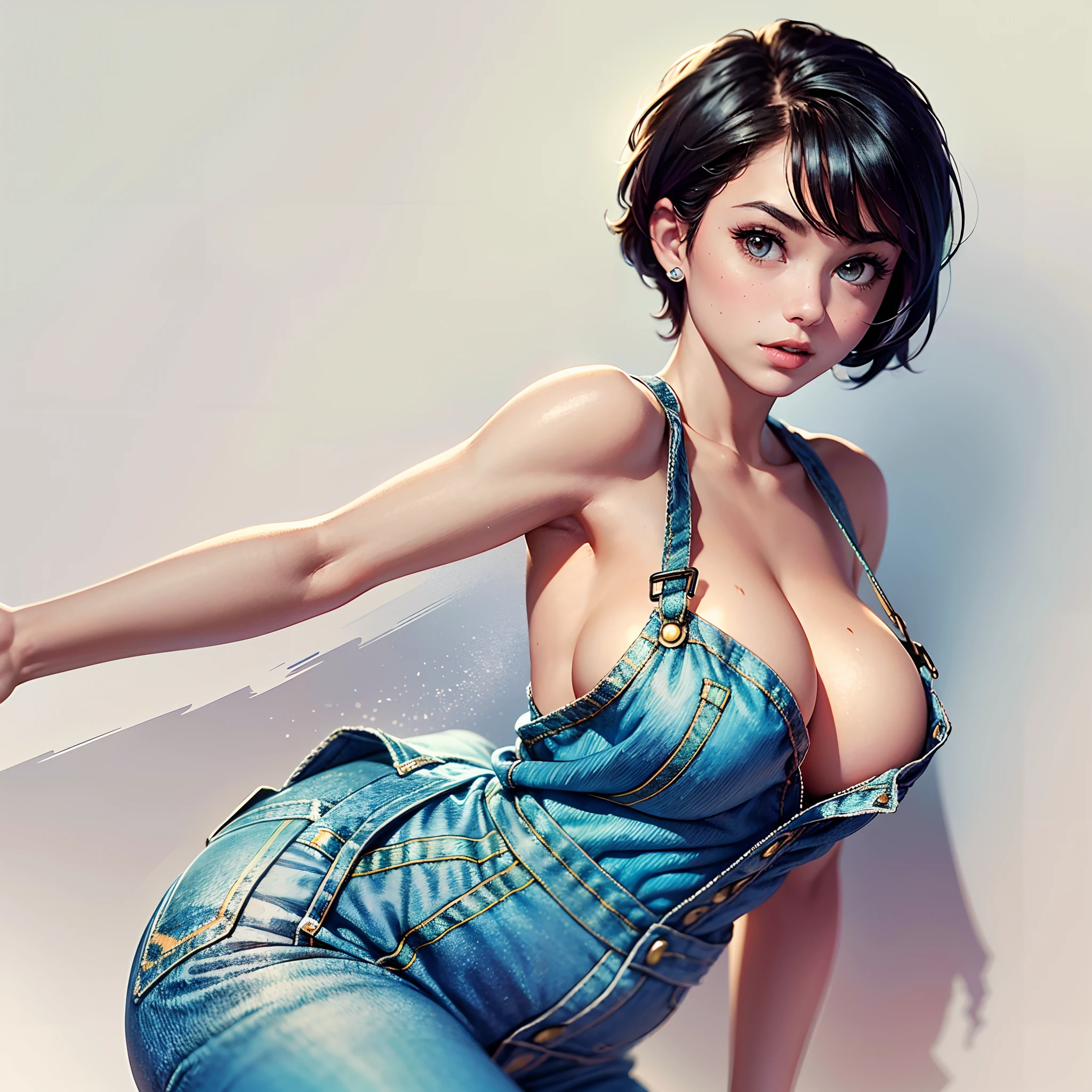1 voluptuous woman (Sarah Hyland), short black hair, hairstyle pixie, eyes, environment change scene, Female, wearing only "jeans overalls", "without shirt", uncovered shoulders, (simple background, white background: 1.3), illustration, ((masterpiece)), (((best quality))), UHD, highres, 8k, best quality, high details, anatomically correct, body side