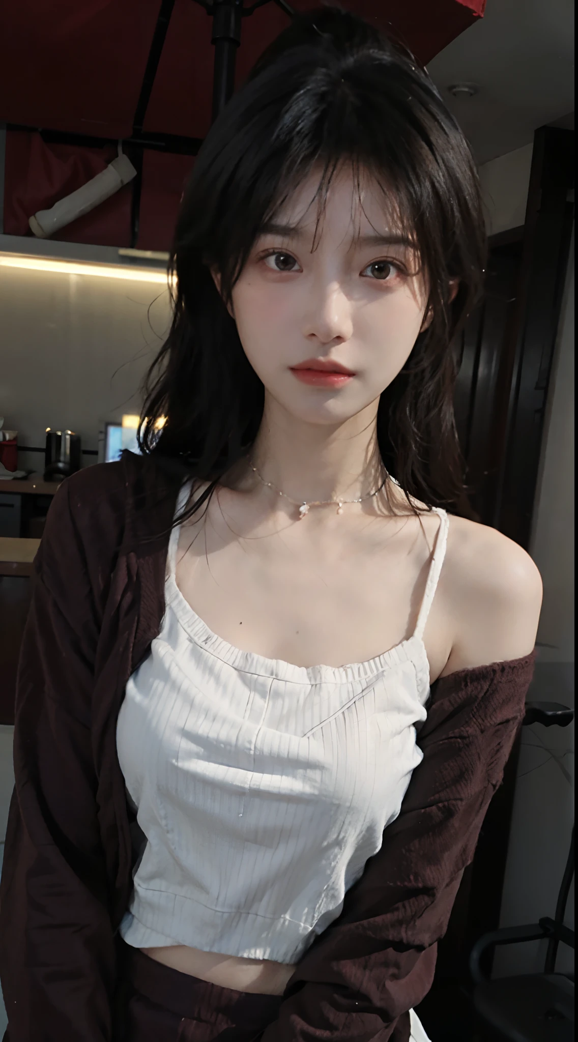 best qualtiy, 超高分辨率, (realisticlying:1.4),Baoyu Girl,1girll, with long coiled hair,Looking into the distance,nedium breasts,Cropped red sweater,a sense of atmosphere,Beautiful woman with a slim figure:1.4, Abs,Ultra-fine face,Elaborate Eyes,二重まぶた,choker necklace