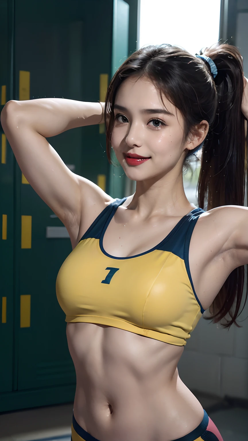 (A hyper-realistic、reallistic、top-quality、Raw photography、masterpiece:1.3)、(Hoihoi:1.2)、(A hyper-realistic), (illustratio), (Hi-Res), (in 8K), (ighly detailed), (The best illustrations), (beatiful detailed eyes), (top-quality), (ultra-detailliert), (Master masterpiece), (详细的脸)、cheekbones stand out、((60 years old、Wrinkles at the corners of the eyes):1.5)、Brown hair、Heavy sweat、Mature and attractive woman、bbw、Chunky lips、shiny lips、large udder、((Tight gym clothes、Has a snow-white short-sleeved top and very small shorts in dark blue.):1.3)、(A smile:1.3)、fully body photo、High subcutaneous fat、sports gym、soaked、Sitting with legs open、(camel's toe:1.5)、Looking at Viewer、well-muscled、a blond