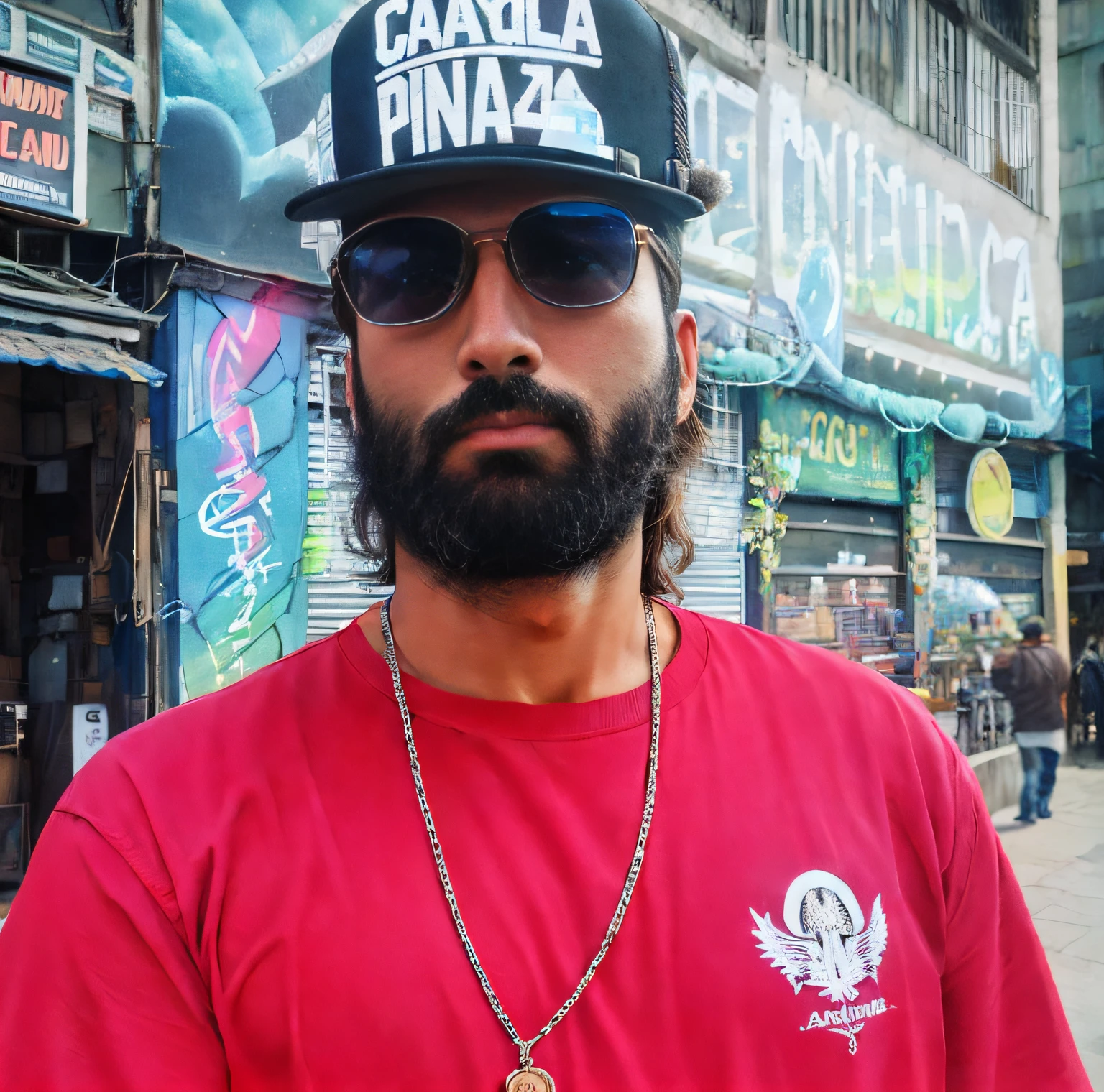 There's a man with a beard and hat in front of a building, taken in the early 2020s, Foto de um ensaio promocional, foto de perfil 1024px, Riyahd Cassiem, intrincado, arte oficial, Ensaio Promocional, standing in front of lowrider, Dan dos Santos, Giga Chade Capaybara