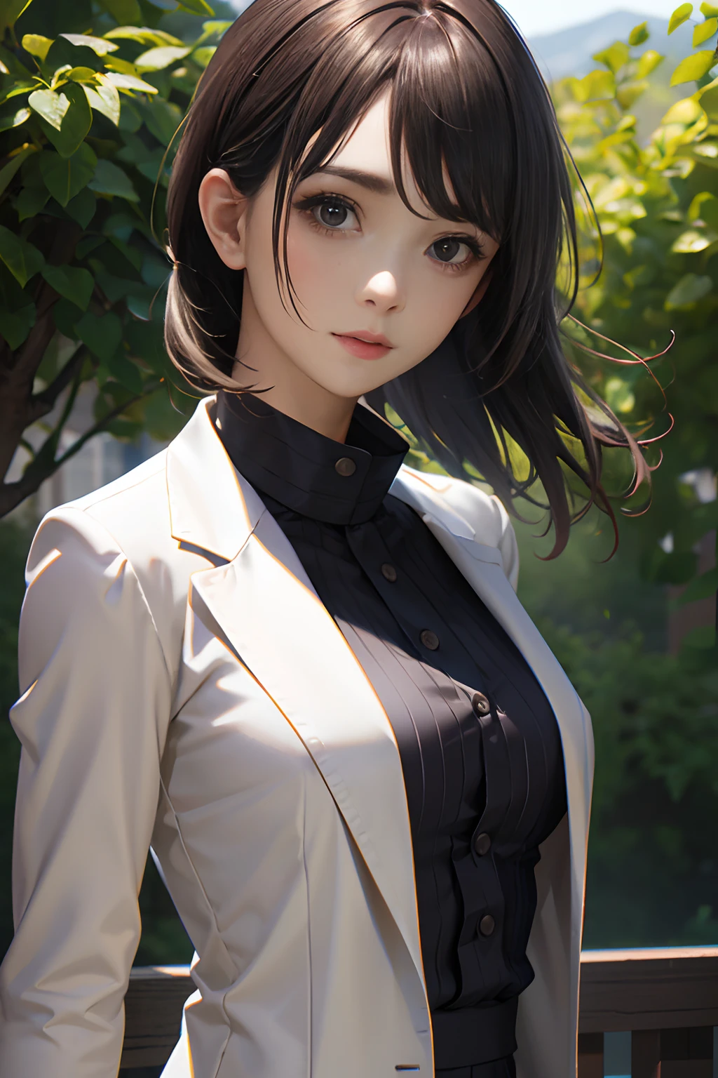 best quality,masterpiece,photorealistic,extremely detailed CG unity 8k wallpaper,1girl,suit,upper body,looking at the viewer,outdoors,