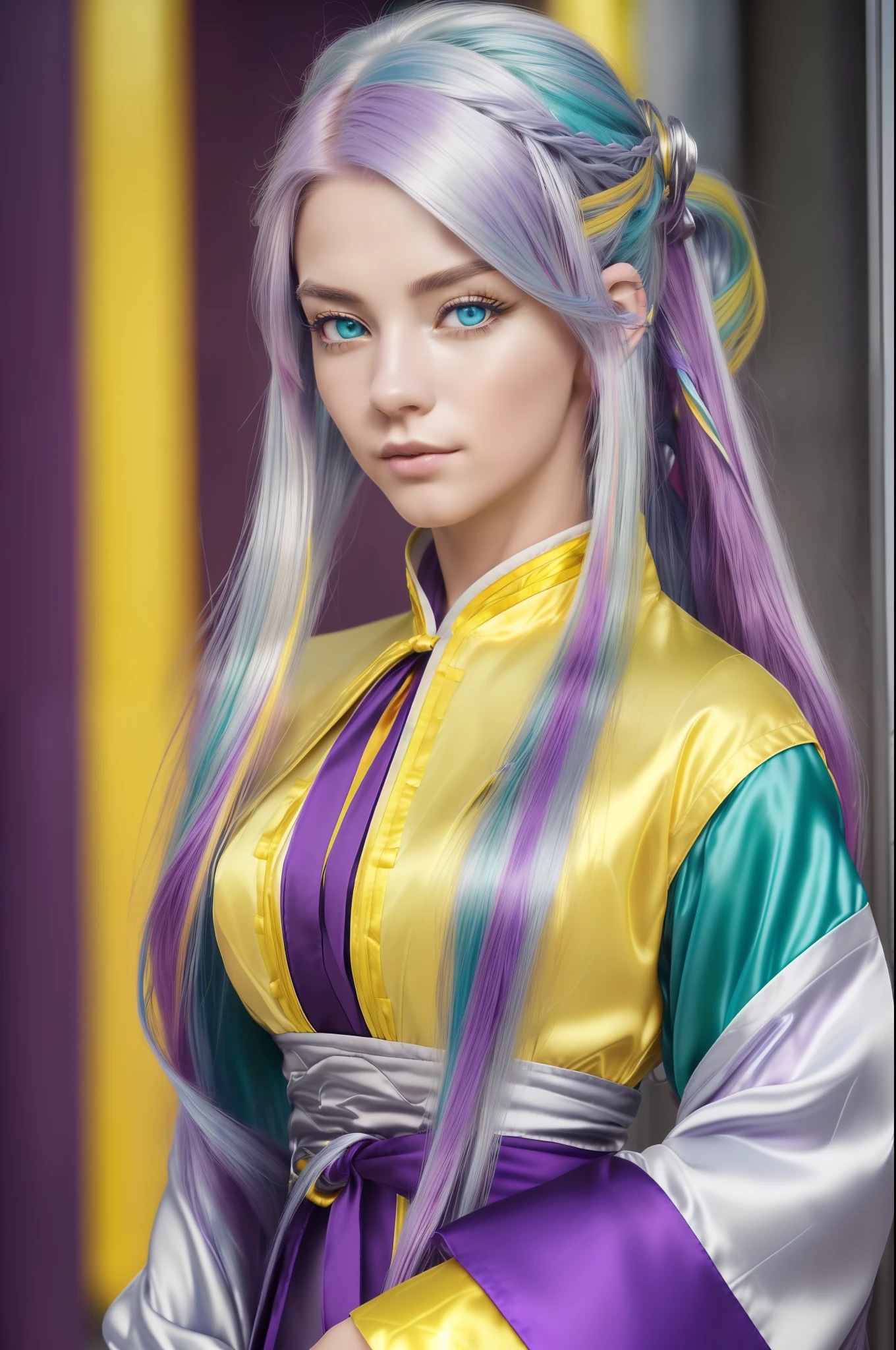 (extremely detailed CG unity 8k wallpaper,masterpiece, best quality, ultra-detailed),floating,high resolution,dynamic angle,dynamic pose,1girl, blue eyes,((multicolored_hair+silver hair:1.3+red hair:1.2+purple hair+yellow hair:1.3+green hair:1.3)), white wuxia clothes, neck ribbon
