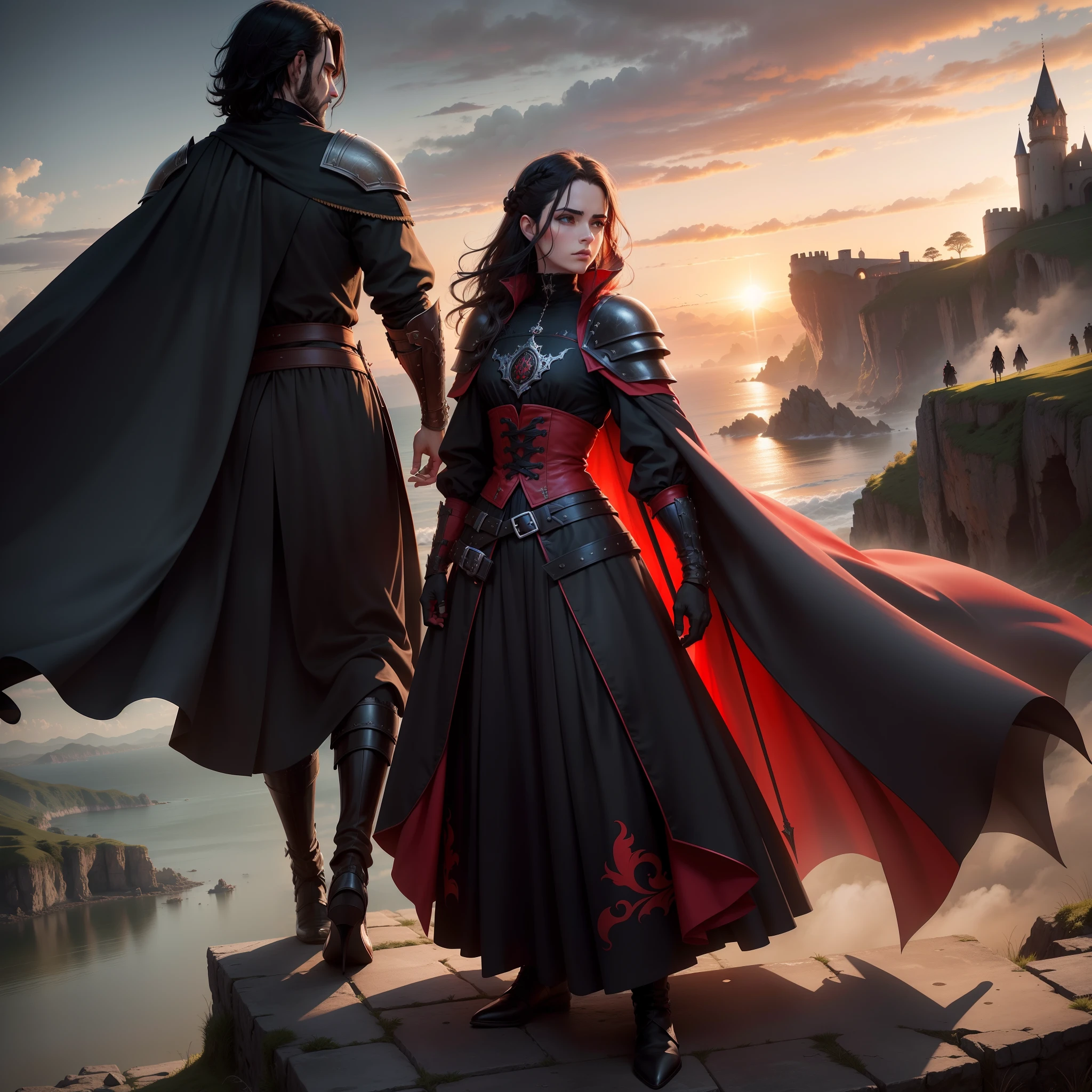 A fallen man dead, um golpe de adaga, uma mulher assassina, Black and red Gothic armor, crowd, Blood under the pavement, um assassinato, Magnificent, sky full of clouds. A dramatic scene. Um ato de assassinato, uma mulher linda, cidade medieval, entardecer, autumn trees, pilastras, manto, robe, capuz