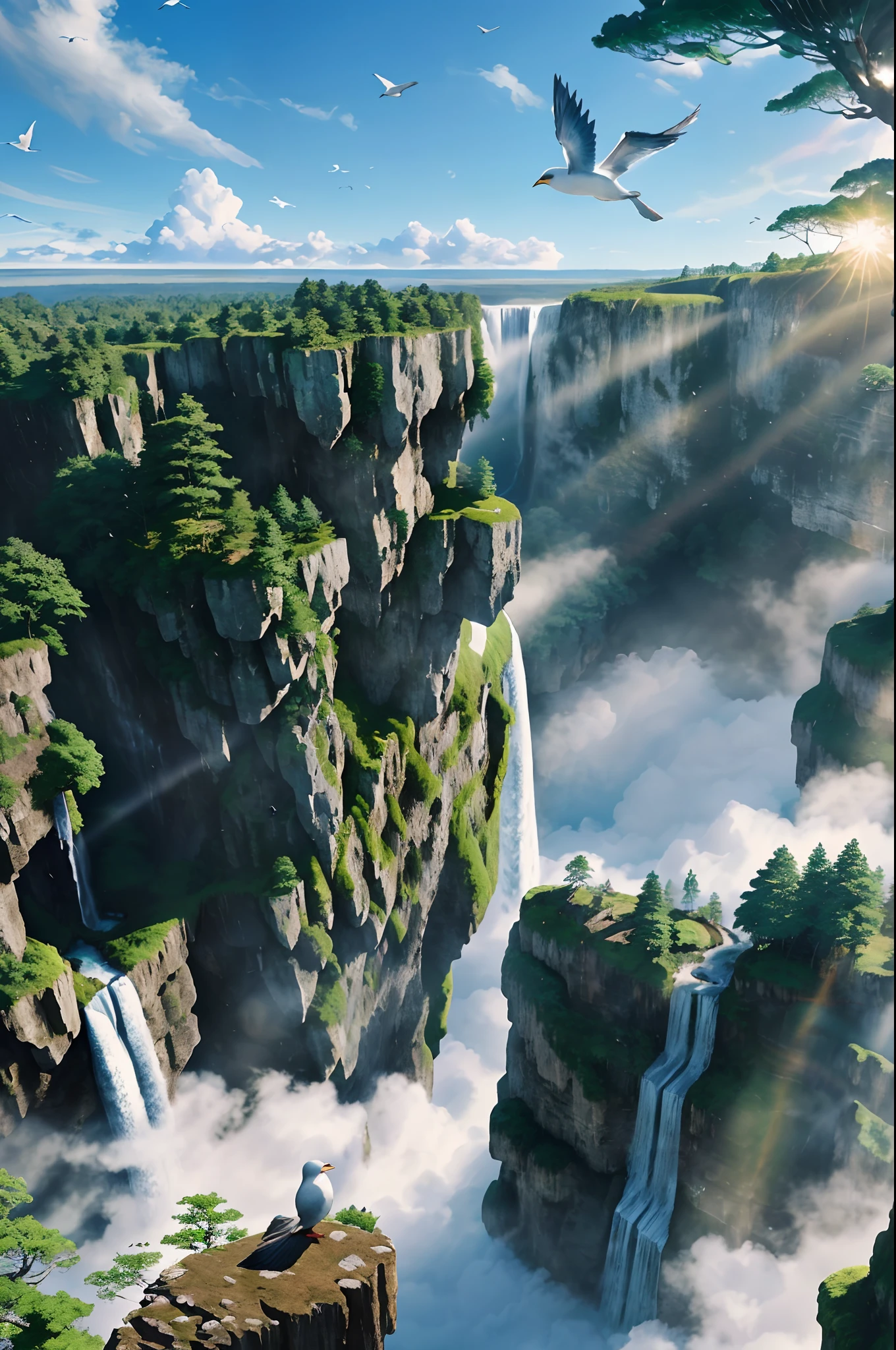 Flying on the cliff, above the very high waterfall, look down on the fluctuating pond, high sunlight, blue sky, white cloud, birds, forest, trees, 8K, masterpiece, best quality, high resolution, extremely full detailed