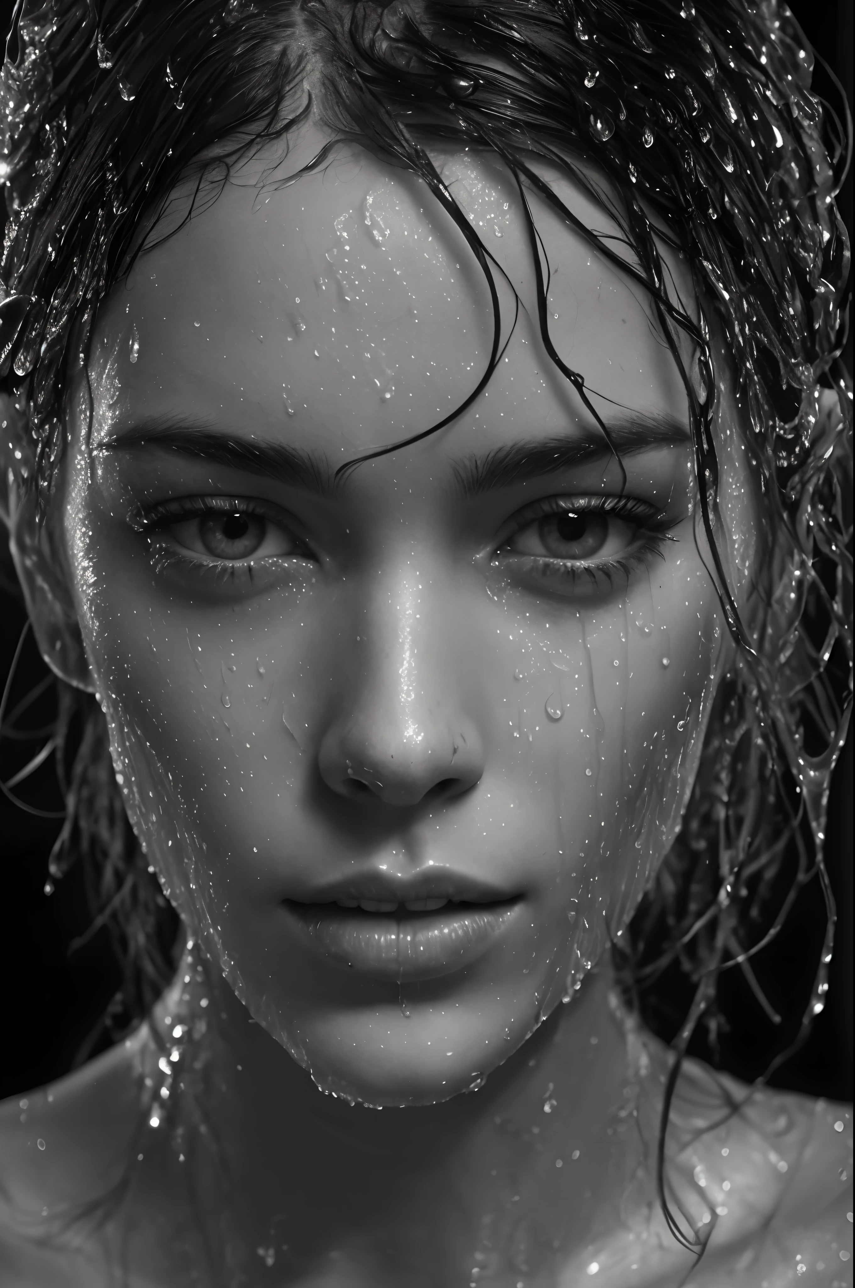 a black and white photo of a woman with wet hair, rain drops on face, wet face, raining portrait, by irakli nadar, covered in water drops, close - up portrait shot, close up portrait shot, portrait of barbara palvin, 8k artistic portrait photography, wet shiny skin, wet hair, soaked, close up portrait photo, dewy skin