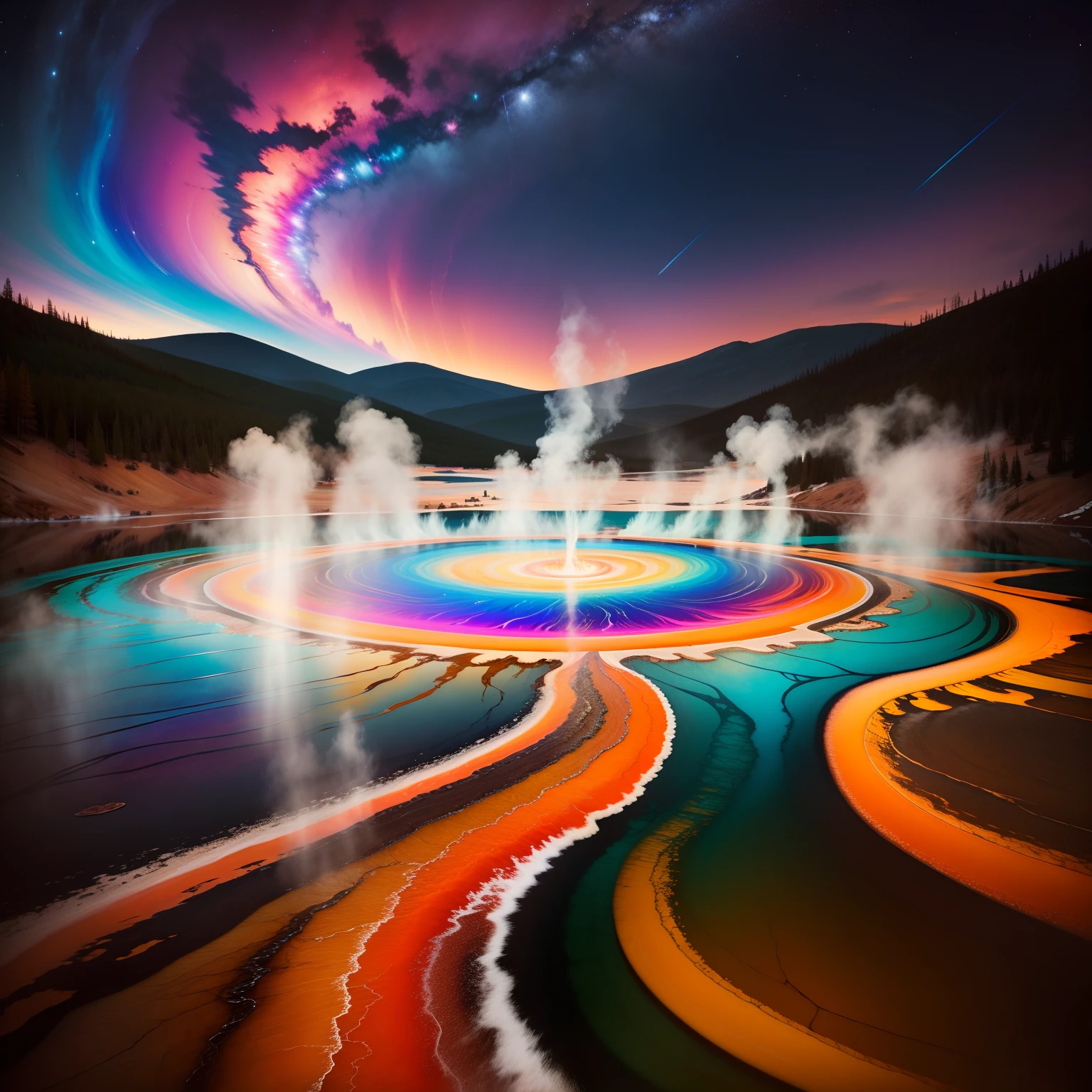 Grand Prismatic Spring,
Vibrant depths and colors bold,
Night caught in the lens.
