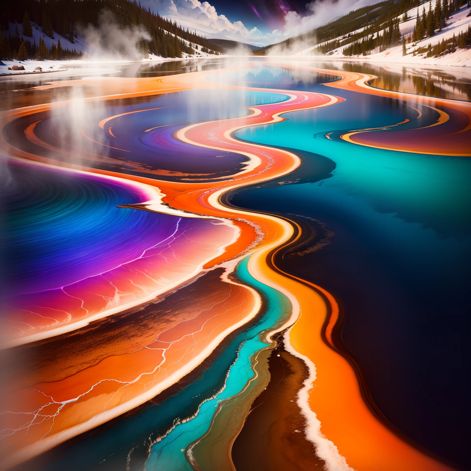 Grand Prismatic Spring,
Vibrant depths and colors bold,
Night caught in the lens.