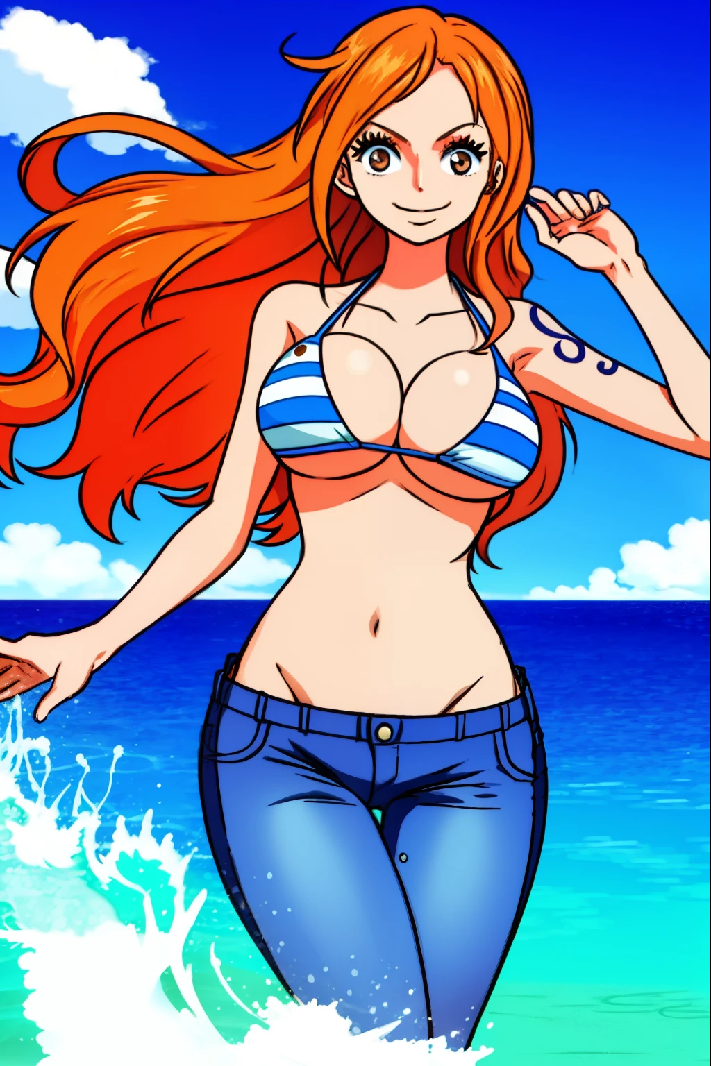 nami \(one piece\),
1girl, adjusting clothes, arm tattoo,  arms,  shoulders, beach, bikini, breasts, brown eyes, cleavage, closed mouth, cowboy shot, day, floating hair, halterneck, large breasts, legs together, long hair, looking at viewer, orange hair, outdoors, sand, smile, solo, striped, striped bikini, swimsuit, tattoo, thighs, wearing jeans, two-tone bikini, water
, ((masterpiece)) ,