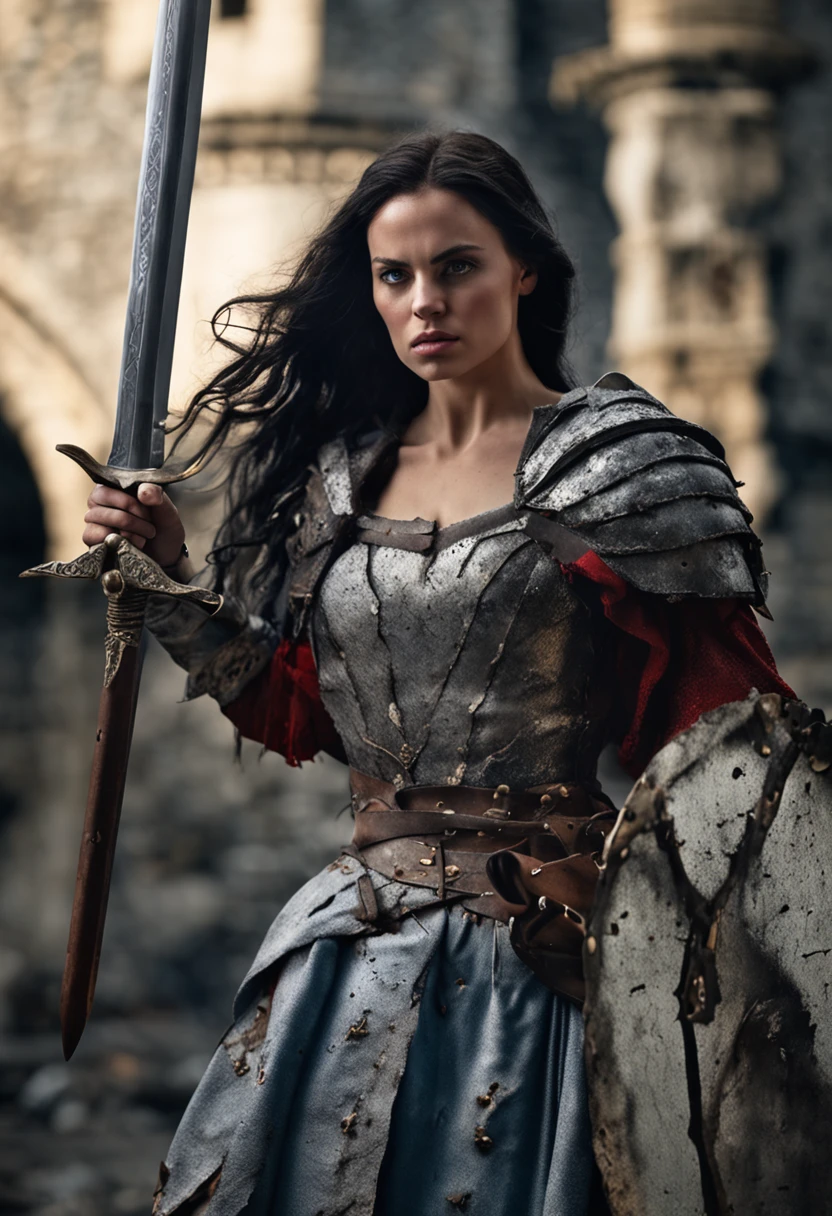 A fierce and determined warrior Snow White, ((perfect_eyes)) standing with her medieval sword at the ready, amidst the ruins of a castle, her torn and tattered dress a testament to the battles she has fought, with a look of steely determination on her face, rendering in 3D, with dramatic lighting and shadows, --ar 16:9 --v 5