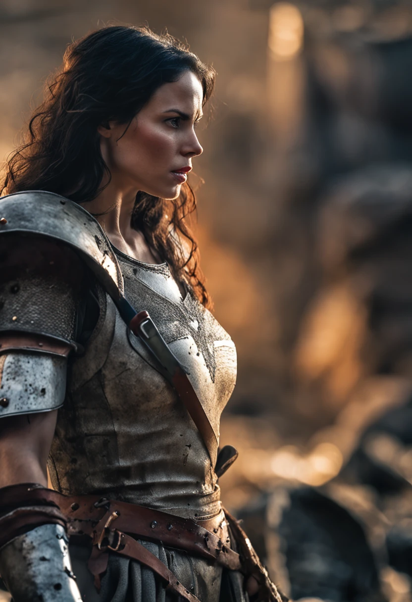 A fierce and determined warrior Snow White, ((perfect_eyes)) standing with her medieval sword at the ready, amidst the ruins of a castle, her torn and tattered dress a testament to the battles she has fought, with a look of steely determination on her face, rendering in 3D, with dramatic lighting and shadows, --ar 16:9 --v 5