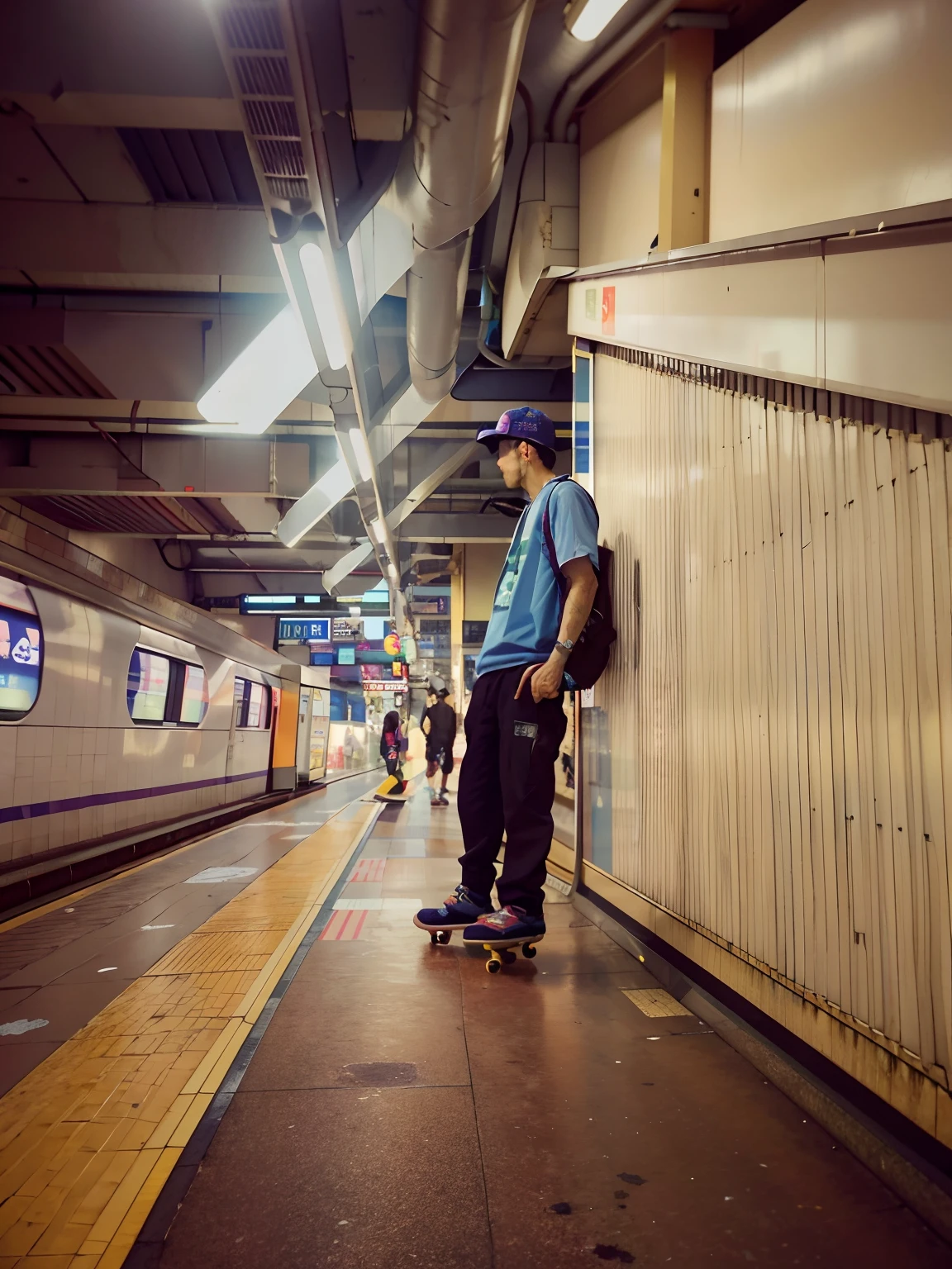 there is a man standing on a skateboard in a subway station, in a subway, the shaman of the subway, dusty abandoned shinjuku, in the streets of tokyo, in tokio, anime style mixed with fujifilm, in neotokyo, tokyo futuristic and clean, japanese streetwear, photograph taken in 2 0 2 0, gritty feeling, in a tokyo street