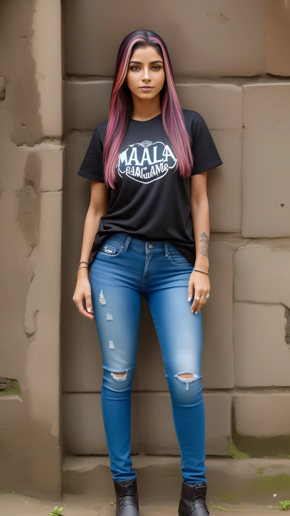 ((full-colour illustration)+(paisagem urbana)) + (jovem com cabelos coloridos modernos)+(camiseta regata preta com estampa de caveira)+(tight jeans)+(bota de cano longo)+(tatuagens)+(brincos)+(pose)+(Texturas Faciais altamente detalhadas, maquiagem de beleza detalhada: 1.4, pele realista, Olhos detalhados)