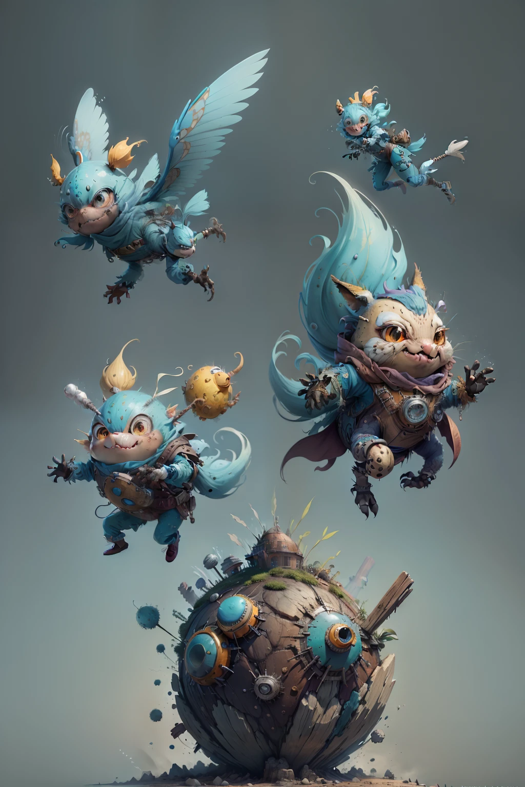 Character design, flying+ leaping+wierd + flaky + Funny + whimsical + light blue + whimsical + uncommon + divergent + Irregular + unorthodox, Photorealistic detailed costumes, Bannycore, les automatistes, The Tone of the Earth, Rustic kor, desertpunk, Minolta Riva Mini, Pure and crunchy steampunk ink, Isolated landscapes, Nabis, Soggy, inspired, Rough clusters, Cartoon character design, Neutral color palette,