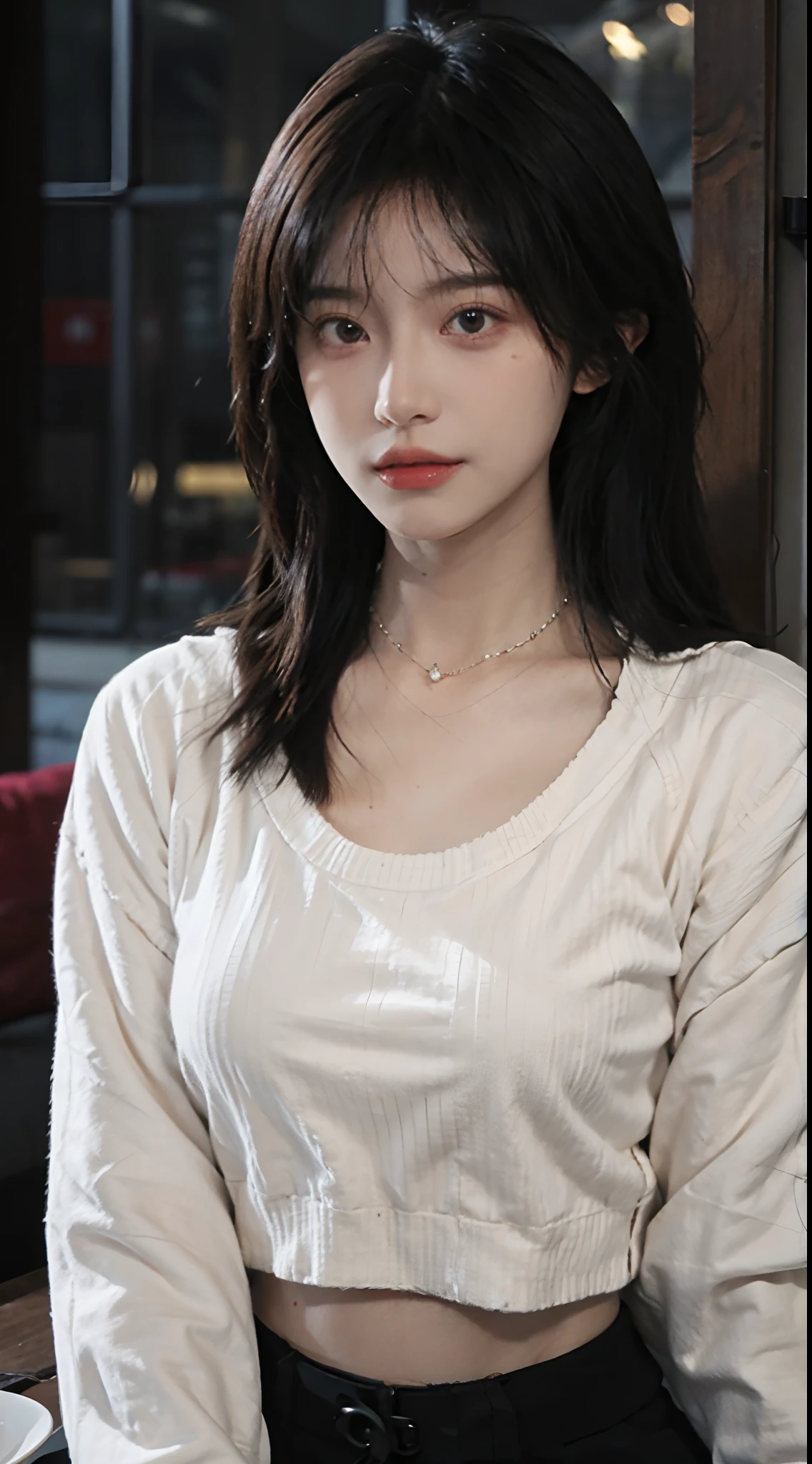 best qualtiy, 超高分辨率, (realisticlying:1.4),Baoyu Girl,1girll, with long coiled hair,Looking into the distance,nedium breasts,Cropped red sweater,a sense of atmosphere,Beautiful woman with a slim figure:1.4, Abs,Ultra-fine face,Elaborate Eyes,二重まぶた,choker necklace