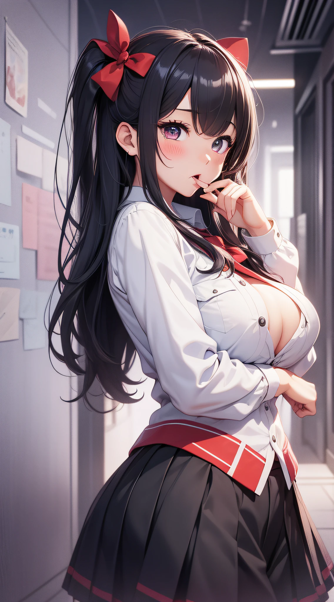 top-quality、Photorealsitic、8K picture quality、hight resolution、女の子 1 人、、Random Hair Styles、hi-school girl、Half-taken uniform、Unbuttoned exposed breasts、Kneeling in front of the screen、Sucking the tip of the penis、Hold with both hands、Staring with upturned eyes、Blushing、shot from top、Bukkake、Close-up on the face