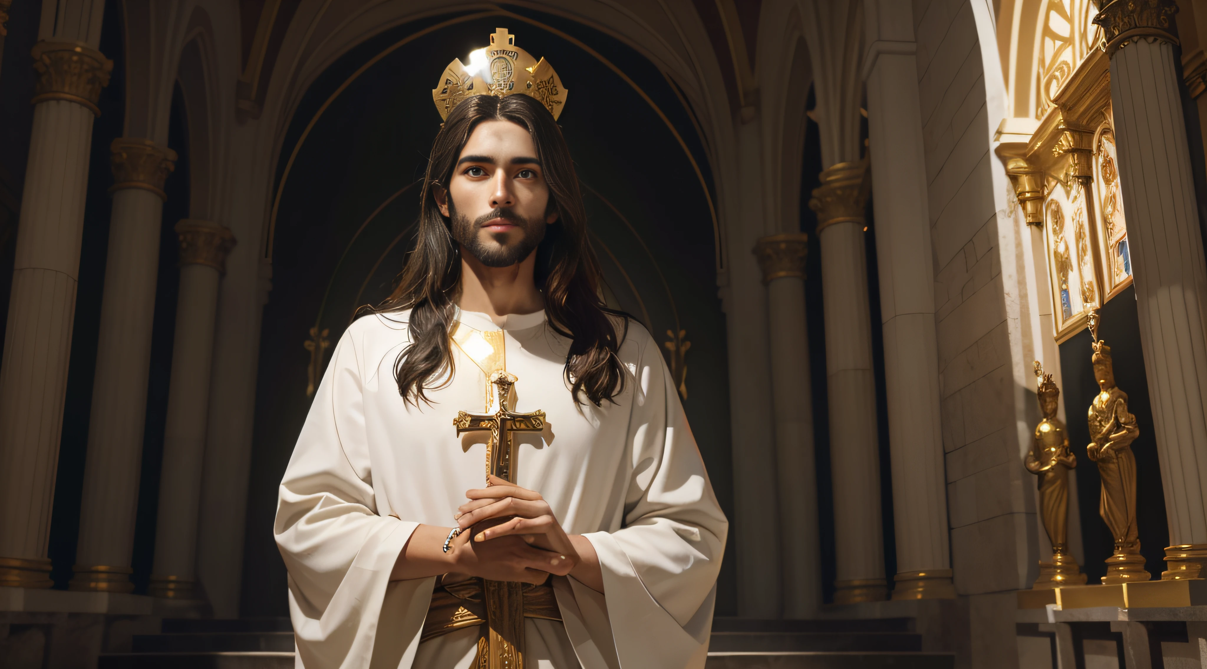 jesus cristo segurando uma cruz brilhante, heaven, obra-prima, fundo de templo dourado, cristianismo, dramatic