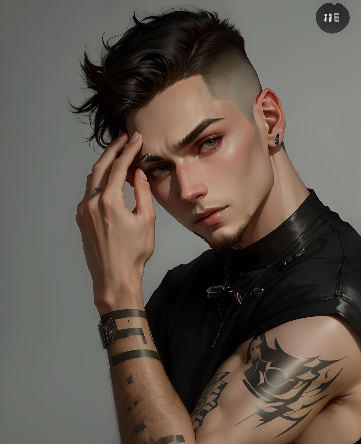 Man with tattoos on his arm and arm around his head, inspirado em Yanjun Cheng, androgynous male, retrato de alta qualidade, attractive androgynous humanoid, hyperrealism artstyle, retrato de ultra realista, estilo de arte realista, estilo de arte fotorrealista, androgynous person, realistic studio portrait, trending in the artstation, artstation mans aesthetic