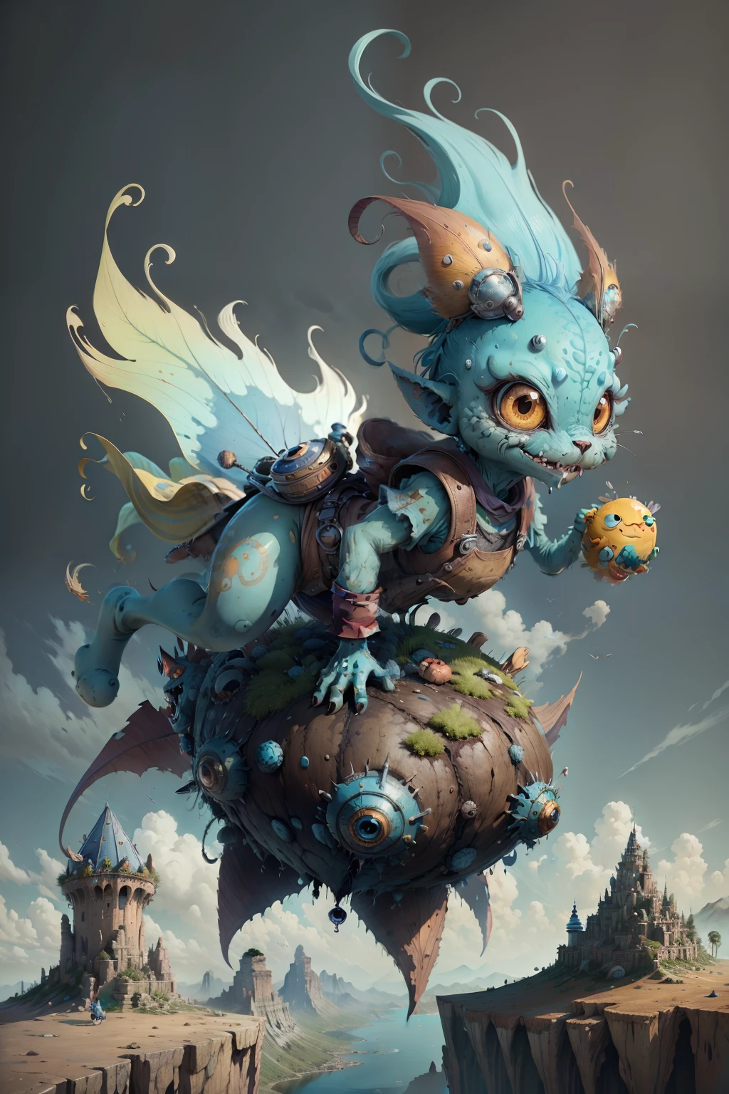 Character design, flying+ leaping+wierd + flaky + Funny + whimsical + light blue + whimsical + uncommon + divergent + Irregular + unorthodox, Photorealistic detailed costumes, Bannycore, les automatistes, The Tone of the Earth, Rustic kor, desertpunk, Minolta Riva Mini, Pure and crunchy steampunk ink, Isolated landscapes, Nabis, Soggy, inspired, Rough clusters, Cartoon character design, Neutral color palette,