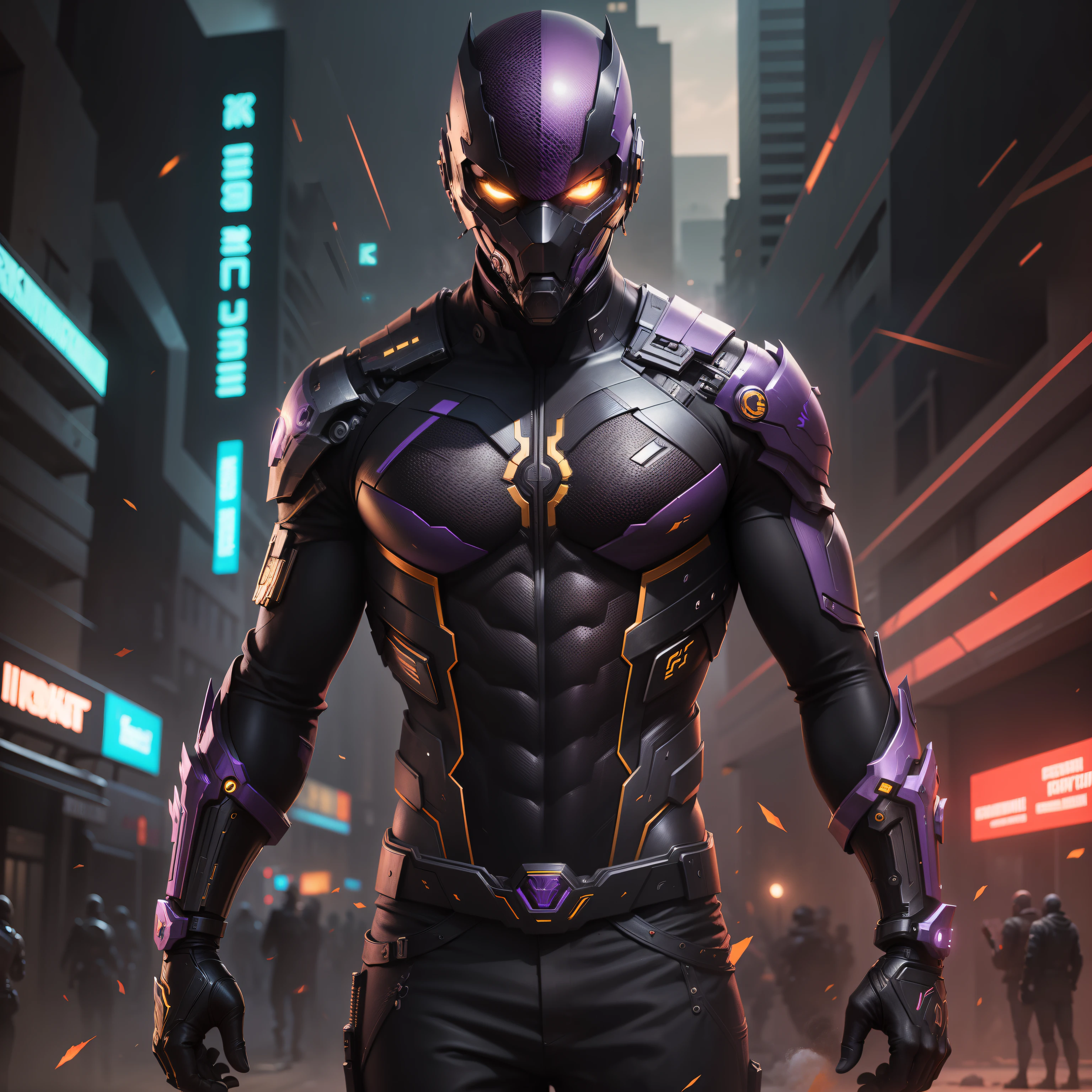 Make more detailed variations of this artwork, use the same model and style used in this artwork, make the character be a cyborg, change the colours to black and purple and gold, make the background be destroyed and smokey,