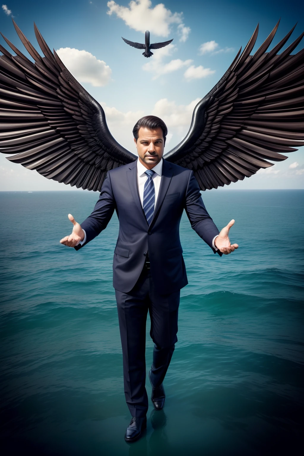 metaphor of an executive man with wings, preso em uma gaiola com cadeado, sem poder voar.