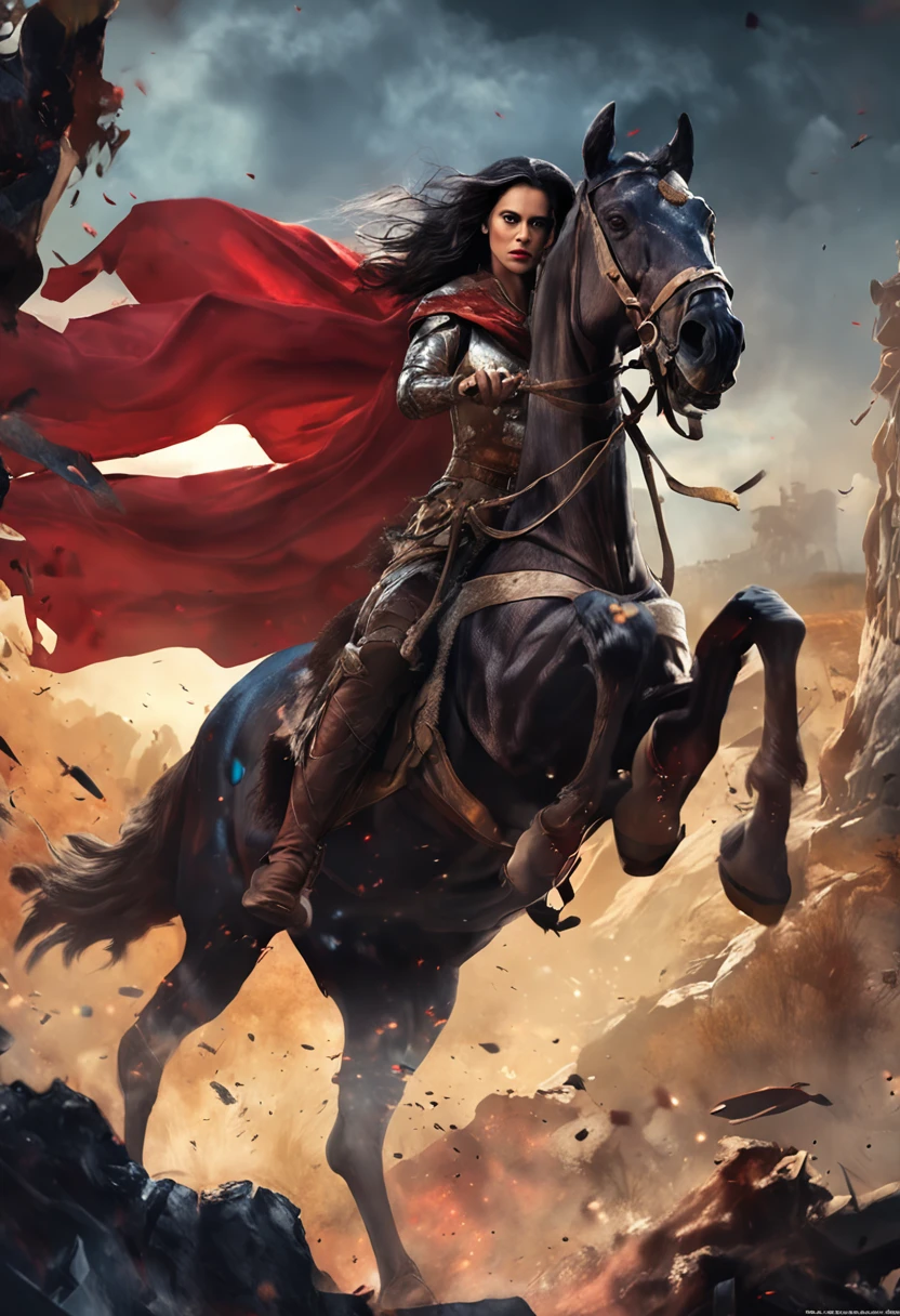 A heroic warrior Snow White charging into battle on horseback, with her sword raised and a fierce determination in her eyes, ((seductive eyes )) leading her troops to victory against the forces of darkness, surrounded by the chaotic and intense environment of the battlefield, concept art, with a detailed and dynamic style,