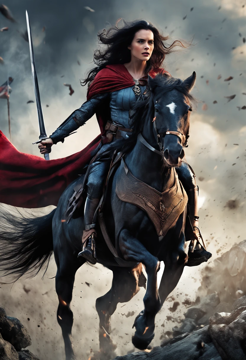 A heroic warrior Snow White charging into battle on horseback, with her sword raised and a fierce determination in her eyes, ((seductive eyes )) leading her troops to victory against the forces of darkness, surrounded by the chaotic and intense environment of the battlefield, concept art, with a detailed and dynamic style,