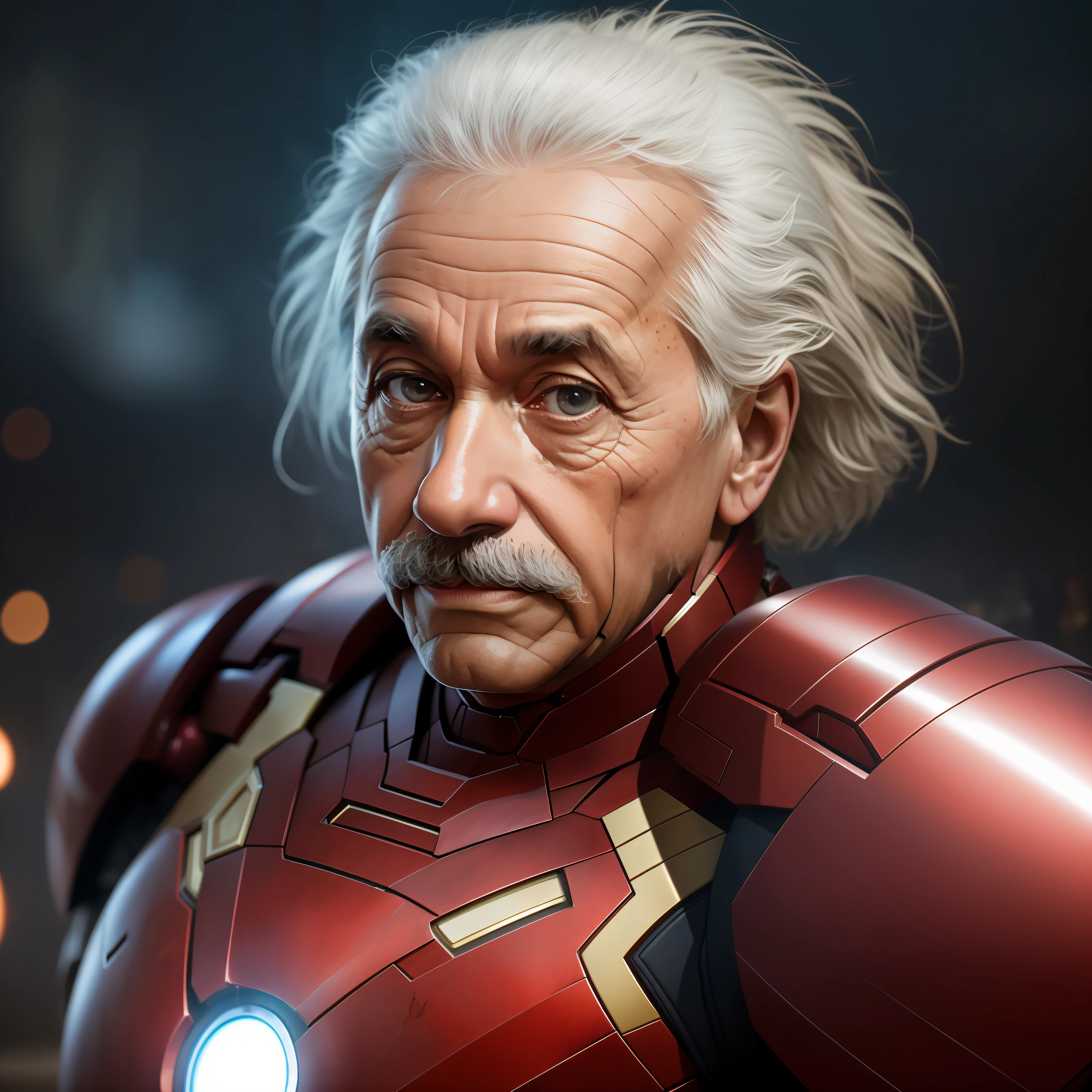Albert Einstein as Iron man, mask off, extremely, detailed environment, detailed background, intricate, detailed skin, natural colors , professionally color graded, photorealism, 8k, moody lighting.