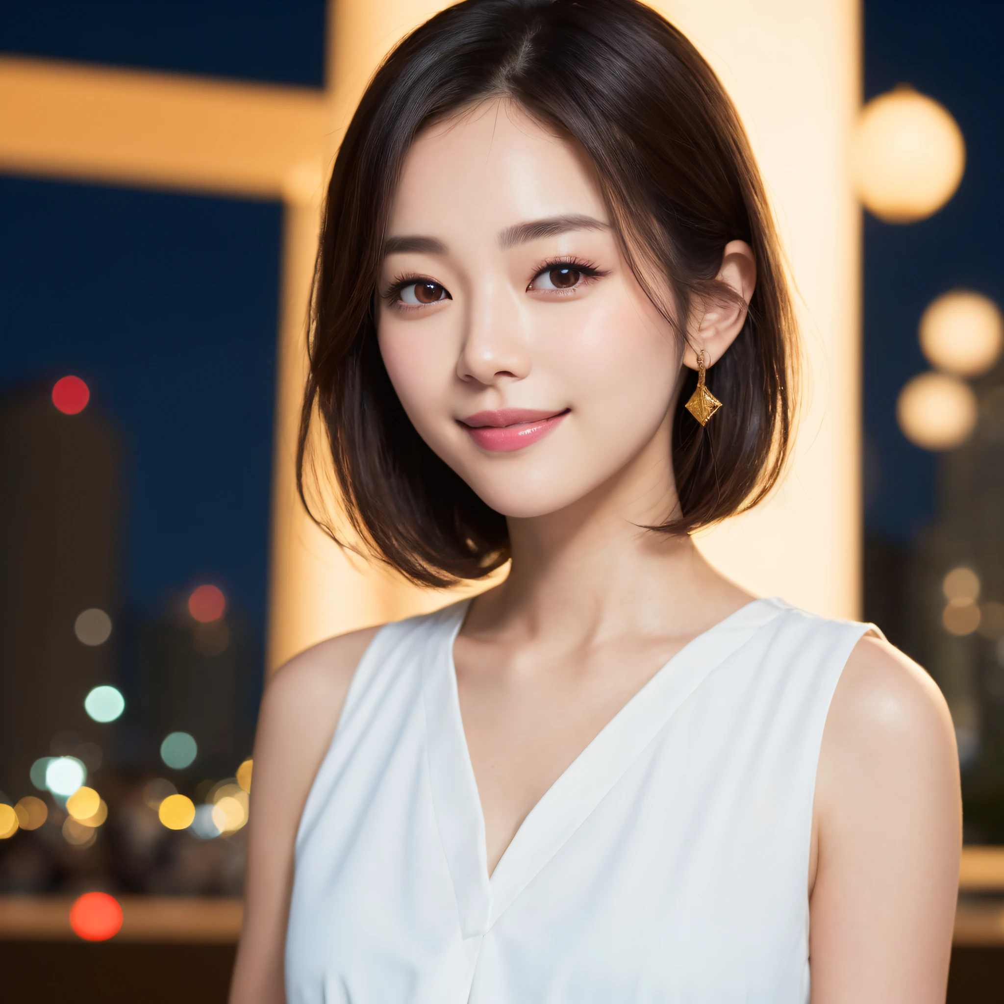 One lady、((best qualtiy、8k masterpieces:1.3))、foco nítido:1.2、(ultra beautiful faces:1.0)、(shinny skin:1.0)、photos realistic、A dark-haired、Video Lighting、High-definition eyes and face、Video Lighting、(Korean Cute Actress)、from the front side、medium breasts、(ssmile:1.2)、Sleeveless、Slender Abs Beauty、Whole body、Wearing a white blouse、in tokyo at night