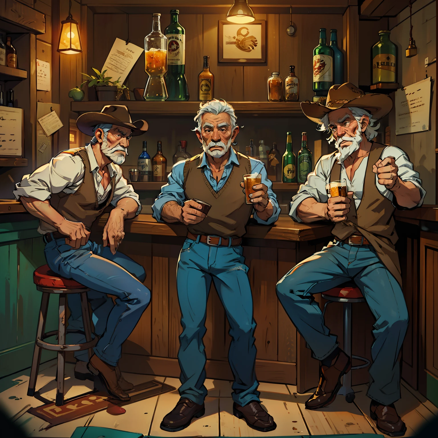 3 old men standing in a bar, tomando cerveja, usando chspeu de cowboy, estilo tex, desenho.