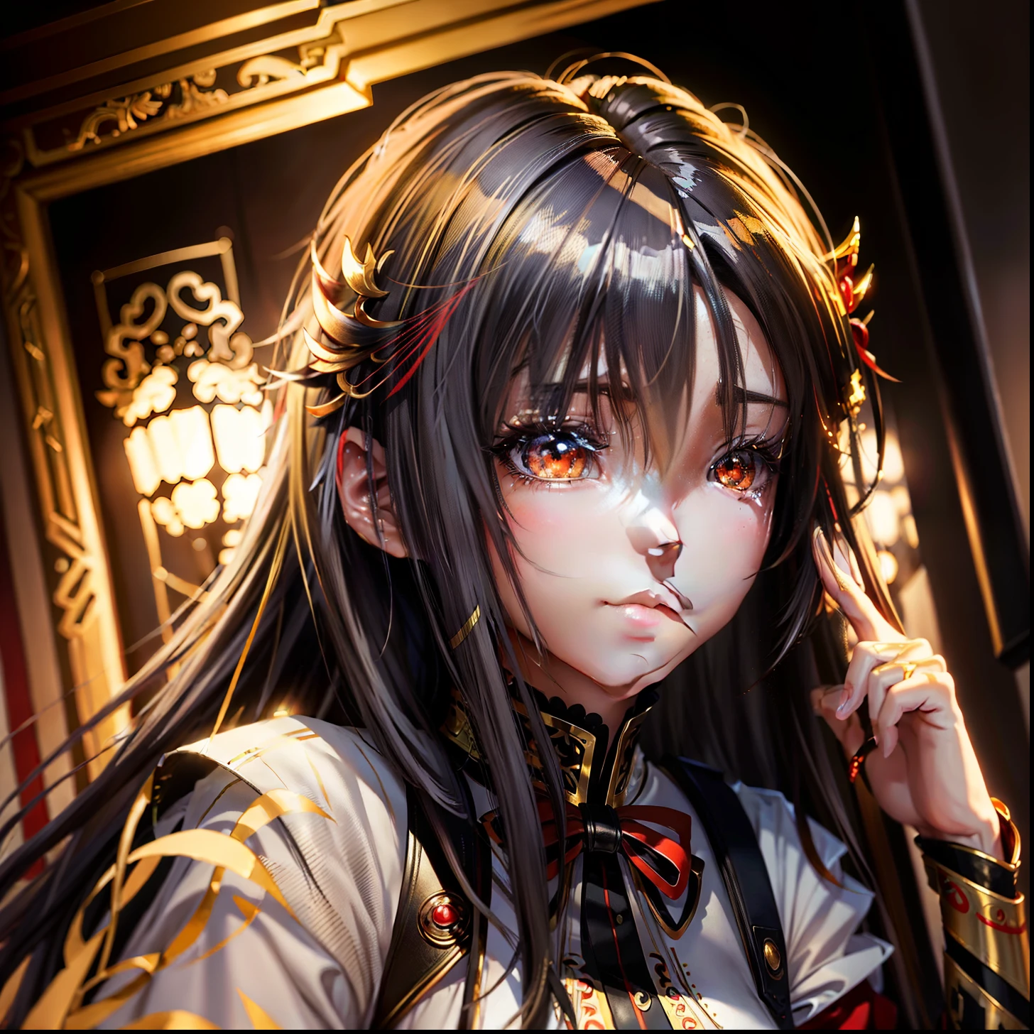 Anime shoujo,The facial features are exquisite,Golden pupils,Long silver-gray hair,Red and black color scheme。
