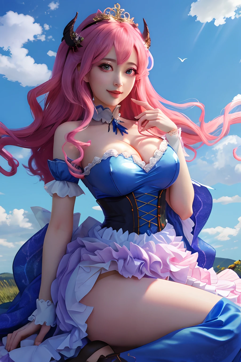 masutepiece, High resolution, 8K, anime woman, Delicate and detailed writing 、detailed digital illustration詳細、Very Long Pink Hair、albedo、Succubus、Black wings、独奏、big cute eye、The pupil is a pink pupil、The inside of the eye sparkles like a diamond、maid clothes、A little erotic、Do they have big black feathers?、Growing、Background surrounded by blue sky and blue flowers、morning、high-level image quality、细致背景、Invisible chest、The corners are black、Very pretty woman、Be realistic、Blue roses near the corner、Realistic Woman、Frolic innocently、A smile、Rainbow in the sky