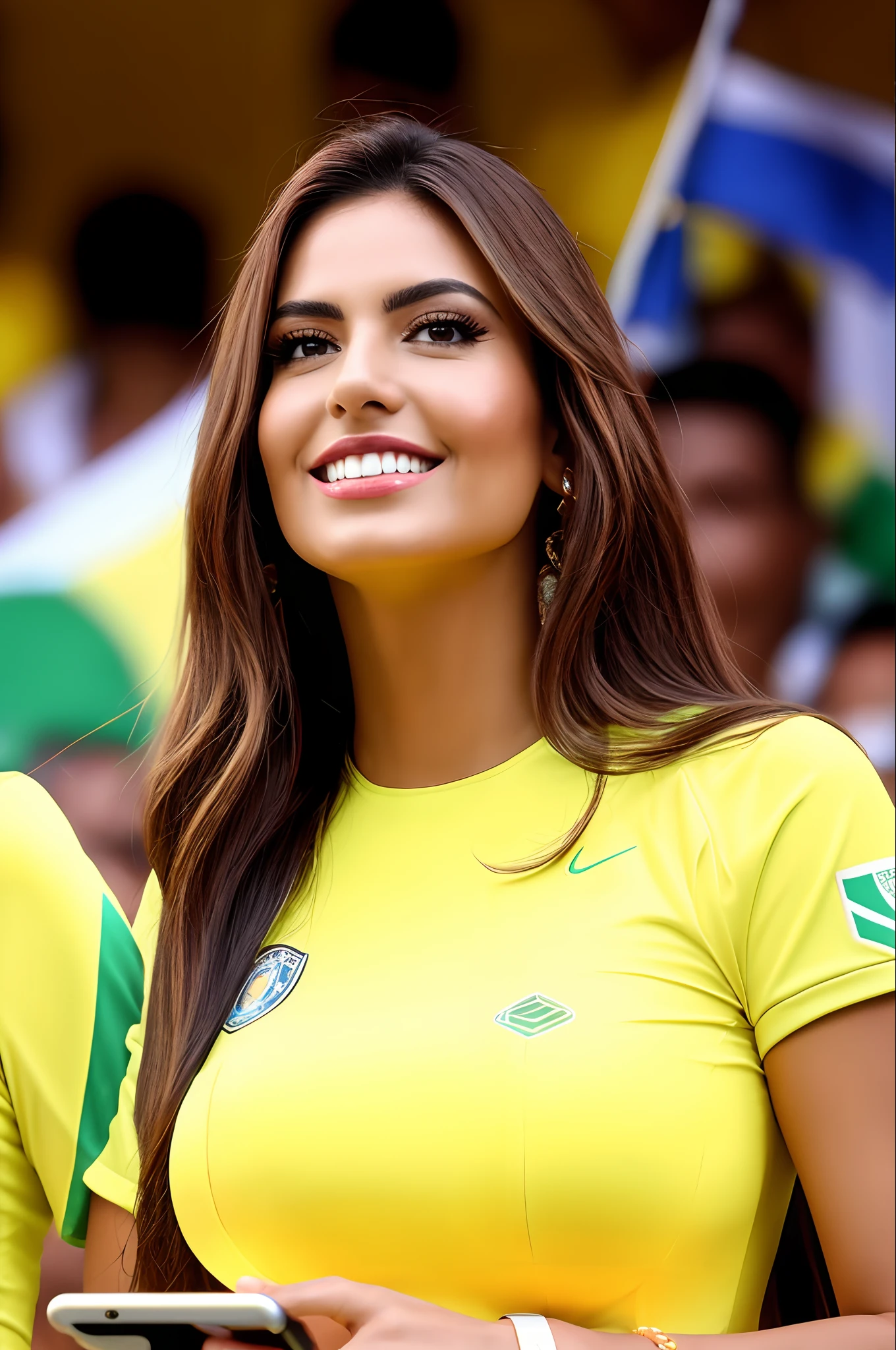 Beautiful Araffe woman in yellow shirt holding a cell phone in front of a crowd, Supermodelo brasileira, brasileiro, na copa do mundo, fernanda suarez, Caroline Gariba, Ana de Armas, colombiano, Malika Favre, linda mulher, julia sarda, 🇺🇦, Parece Fabiula Nascimento, Dua Lipa, Mulher mexicana bonita