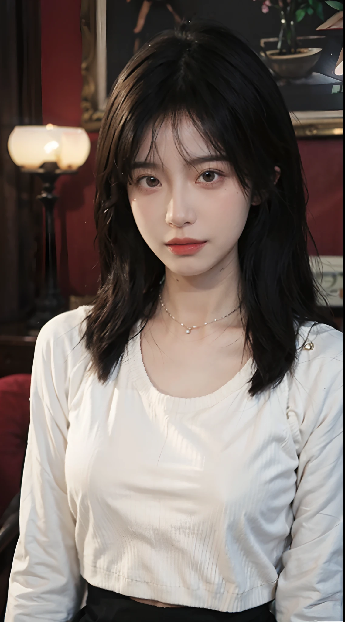 best qualtiy， 超高分辨率， （realisticlying：1.4），Baoyu Girl，1girll, with long coiled hair，Looking into the distance，nedium breasts，Cropped red sweater，a sense of atmosphere，Beautiful woman with a slim figure:1.4, Abs，Ultra-fine face，Elaborate Eyes，二重まぶた，choker necklace