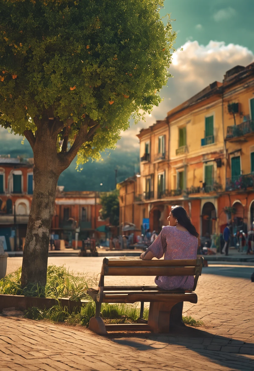 A person sitting on a bench in a square. The person should have a face similar to the attached image. The square should be wooded and green, with blooming flowers and singing birds. The sun should be shining and the sky should be blue. A pessoa deve estar sentada no banco, relaxando e desfrutando do dia.
-wide 200