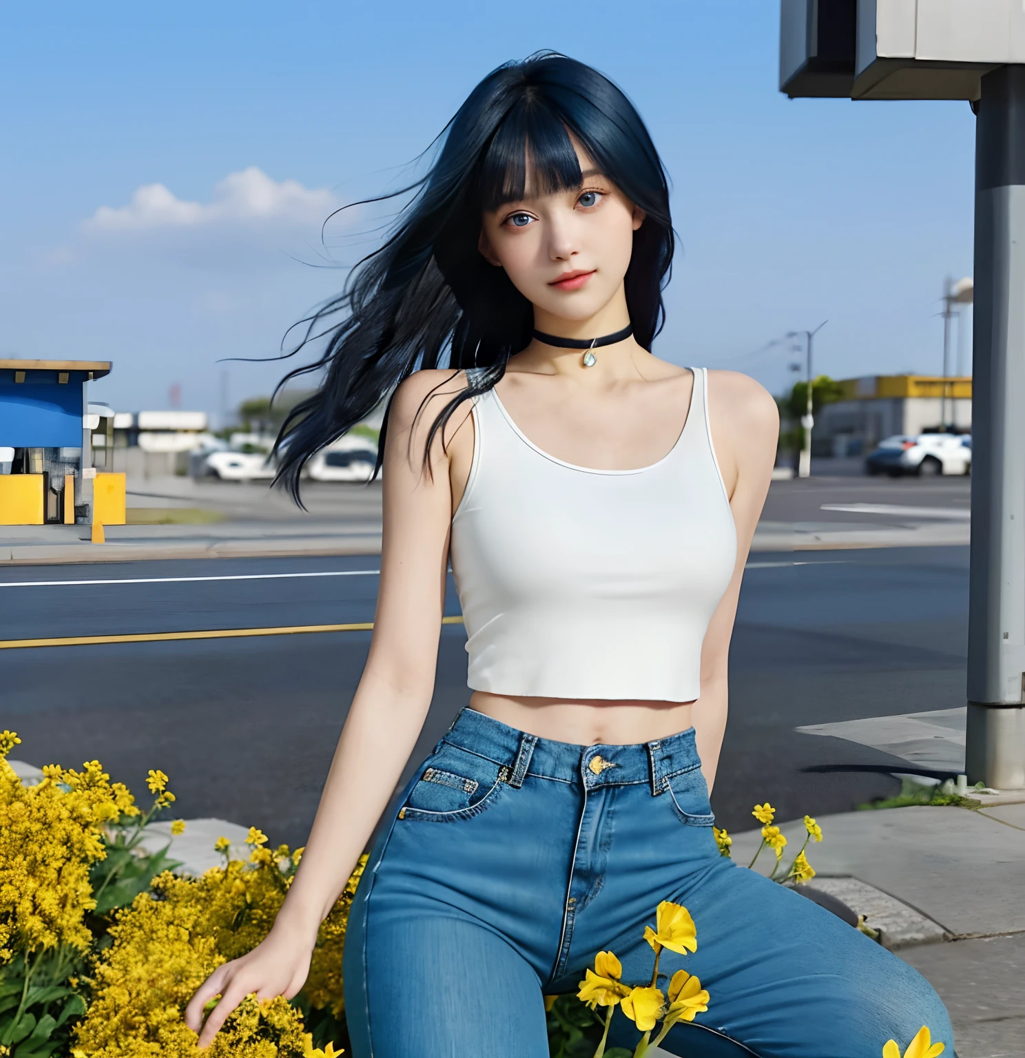 (high-quality, breathtaking),(expressive eyes, perfect face), short, young girl, long dark blue hair, blue eyes, soft smile, white crop top, long black pants, choker, urban setting, blue sky, shine, glow, yellow flowers, blunt bangs, himawari uzumaki, long hair.