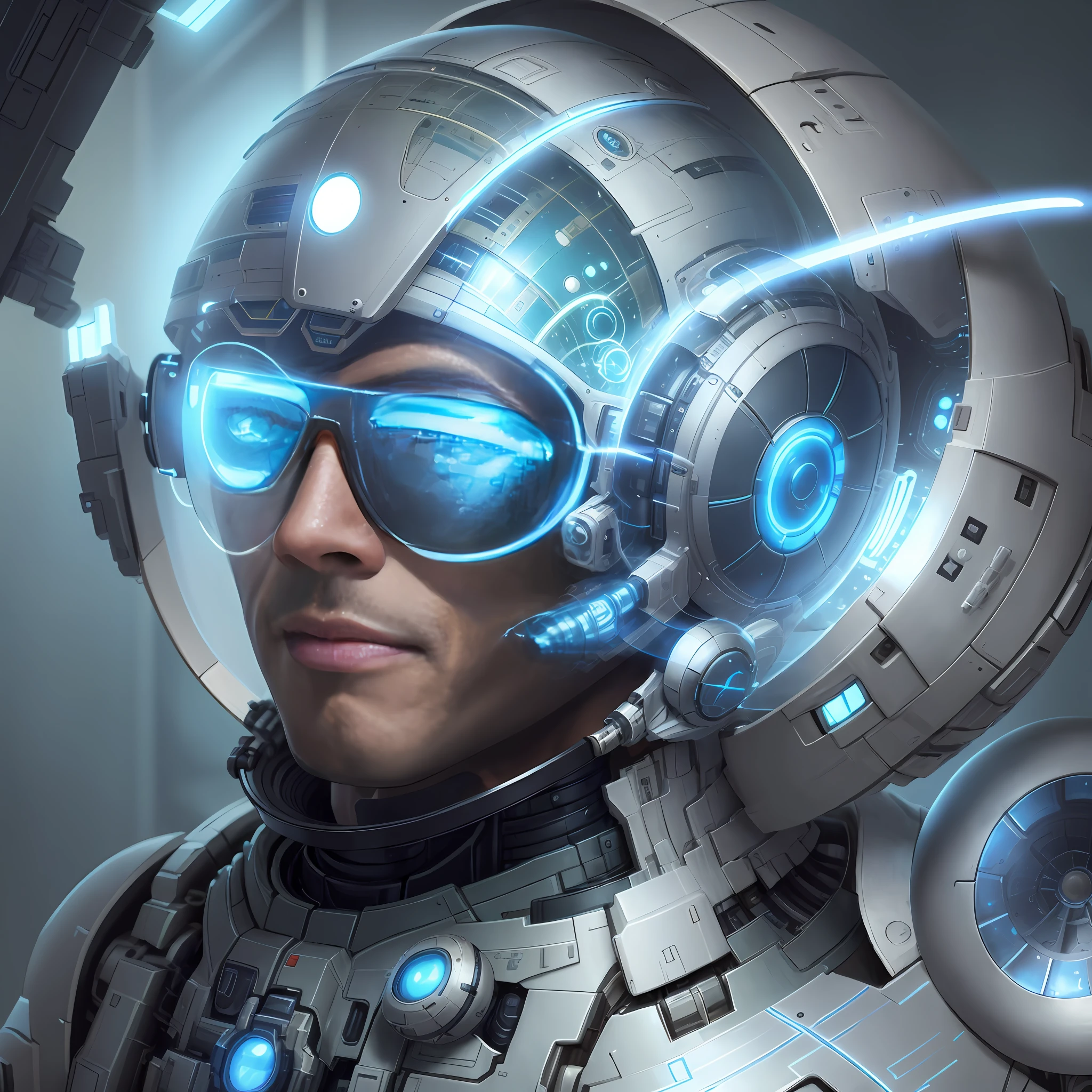 Futuristic man with futuristic helmet and glasses in a futuristic environment, retrato bonito sci - fi boy, masculino ciborgue bonito, portrait anime space cadet boy, Retrato Armored Astronauta menino, Sci-Fi Digital Art Illustration, menino ciborgue, menino bonito ciborgue, ciborgue - menino, Retrato de um homem sci - fi, WLOP. Scifi, Generic science fiction